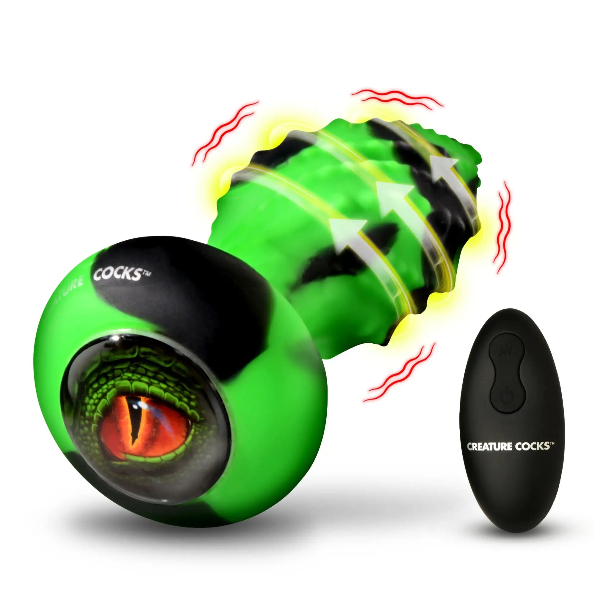 Creature Cocks Eye of the Spawn vibrating green and black silicone butt plug with remote control.