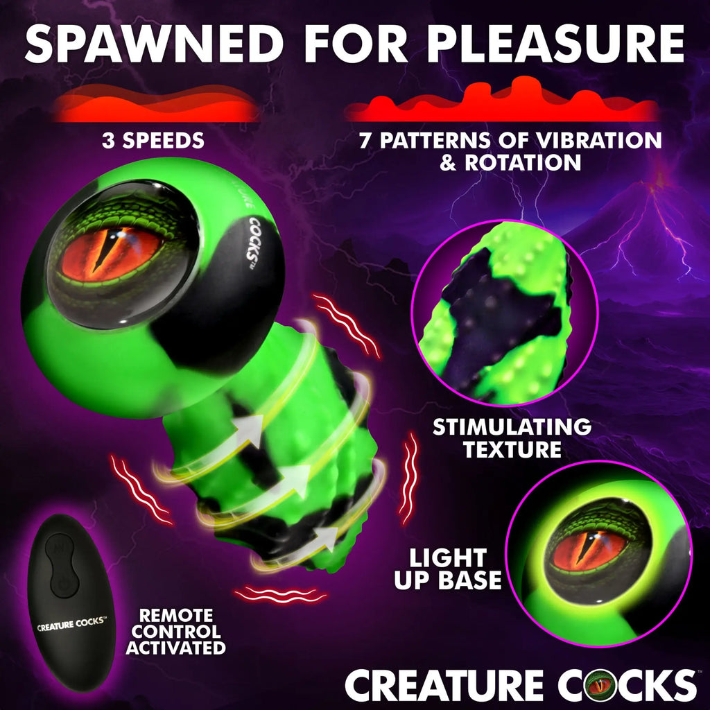 Creature Cocks Eye of the Spawn vibrating silicone butt plug in neon green and black with a reptilian eye base.