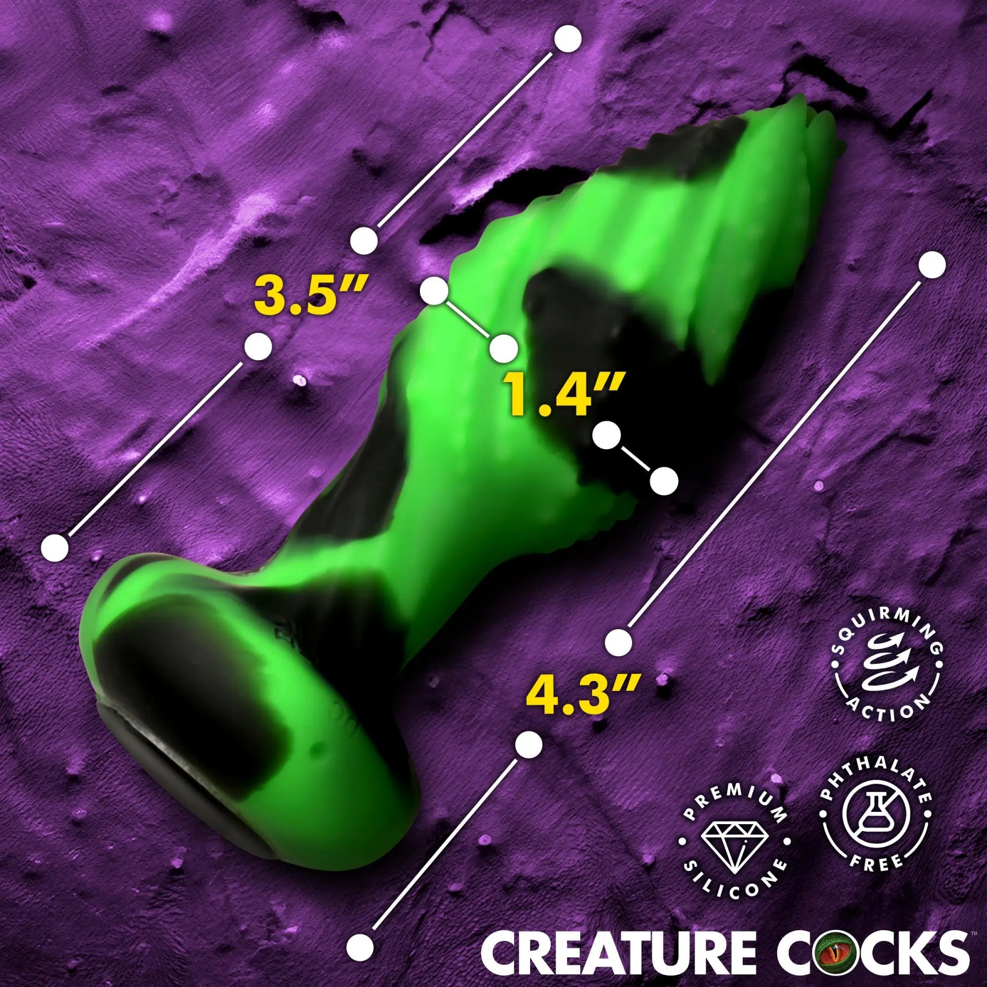 Creature Cocks Eye of the Spawn: green and black marbled silicone butt plug with dimensions and squirming action icons.