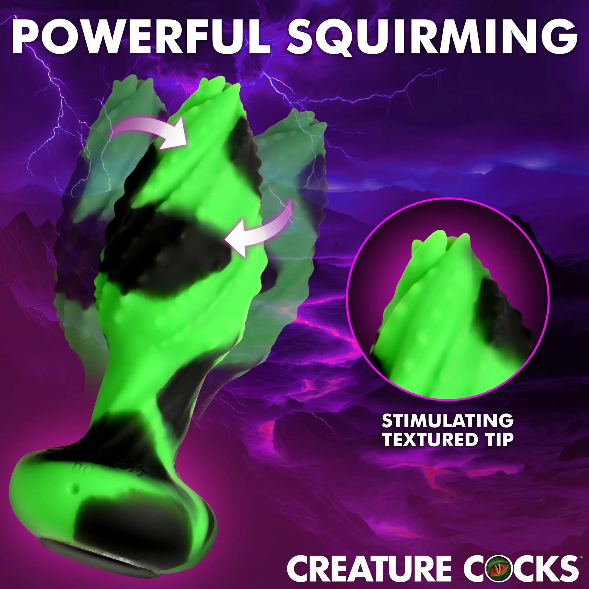 Creature Cocks Eye of the Spawn vibrating silicone butt plug in neon green and black, showing squirming motion.