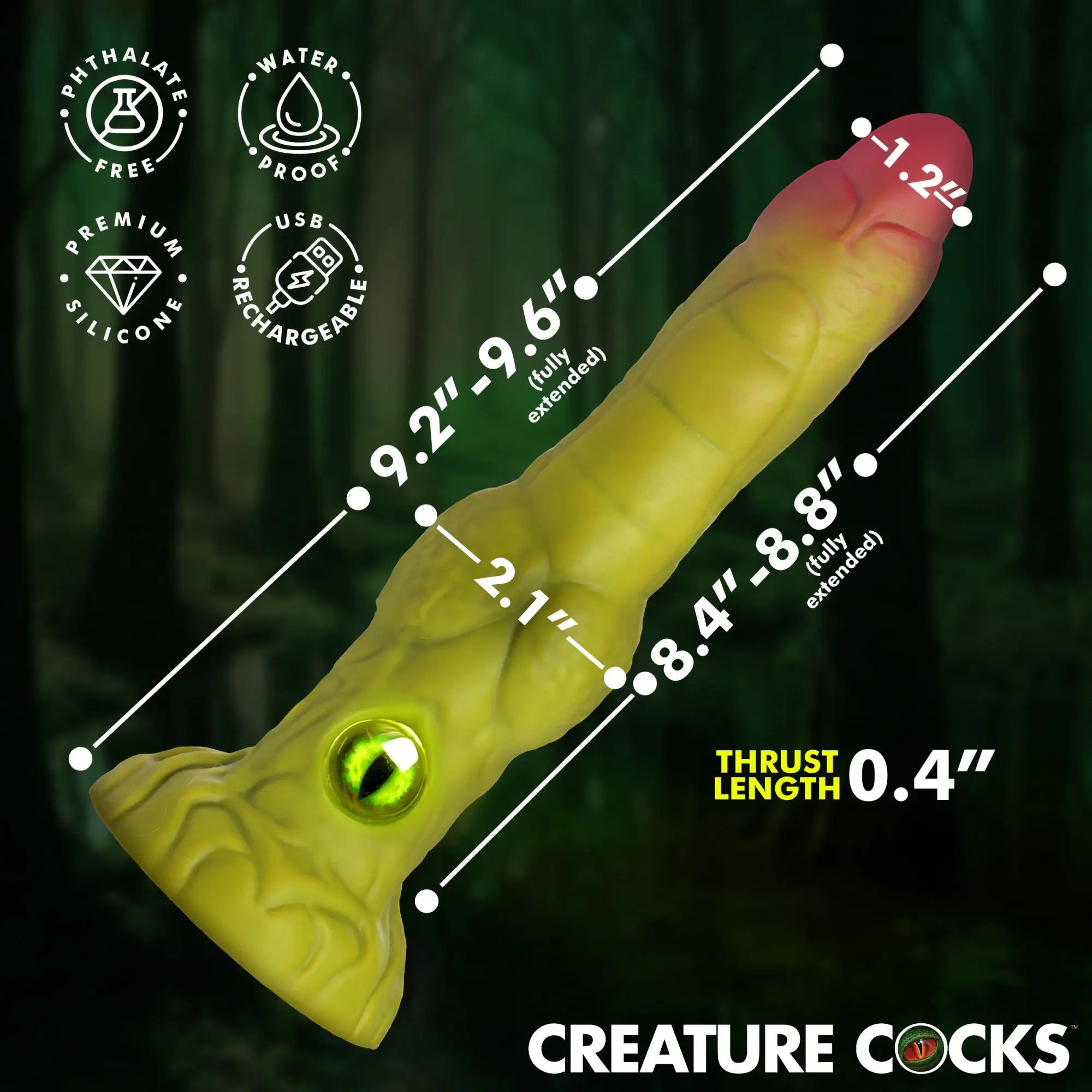 Creature Cocks Eyegor: A lime-green, textured silicone dildo with a realistic monster eye at the base and pink tip.