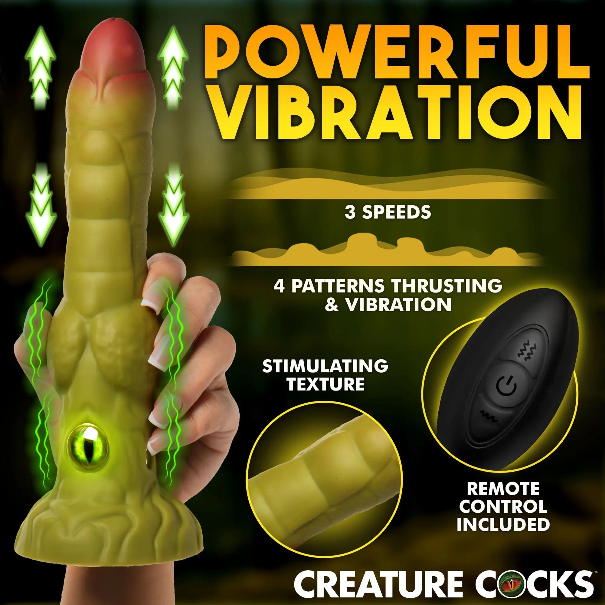Creature Cocks Eyegor olive silicone dildo with monster texture, eye detail, and remote control.