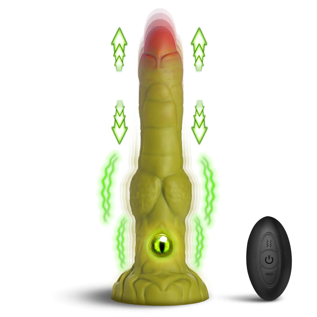 Creature Cocks Eyegor olive green, monster-style dildo with a centered eye and black remote control.