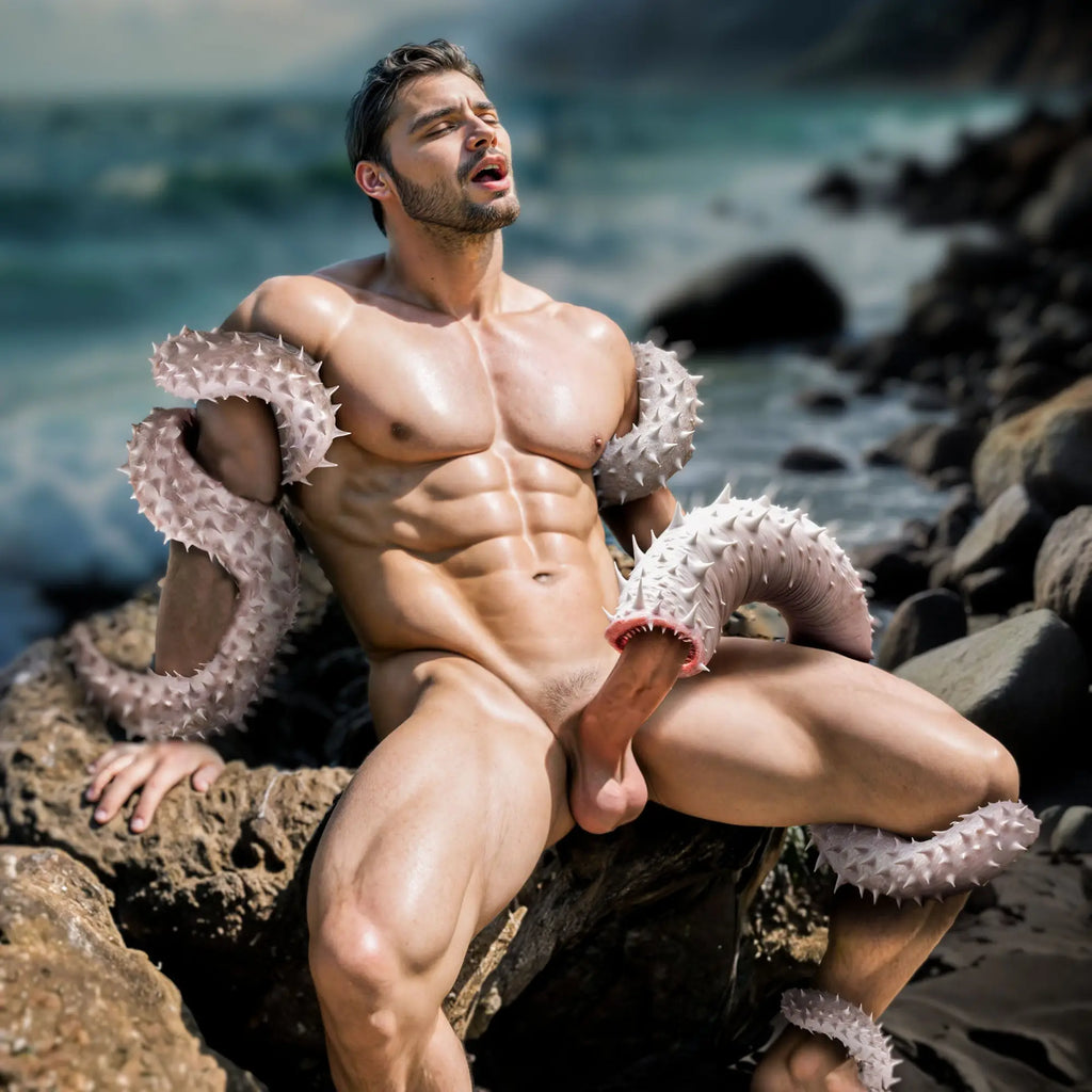 Creature Cocks Fangs silicone ring: a pale, spiky, tentacle-like accessory wrapped around a muscular man on a beach.