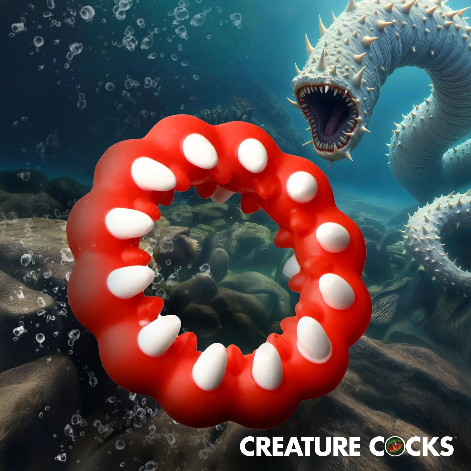 Creature Cocks Fangs: A red silicone cock ring with white tooth-like protrusions, set against a deep-sea creature backdrop.
