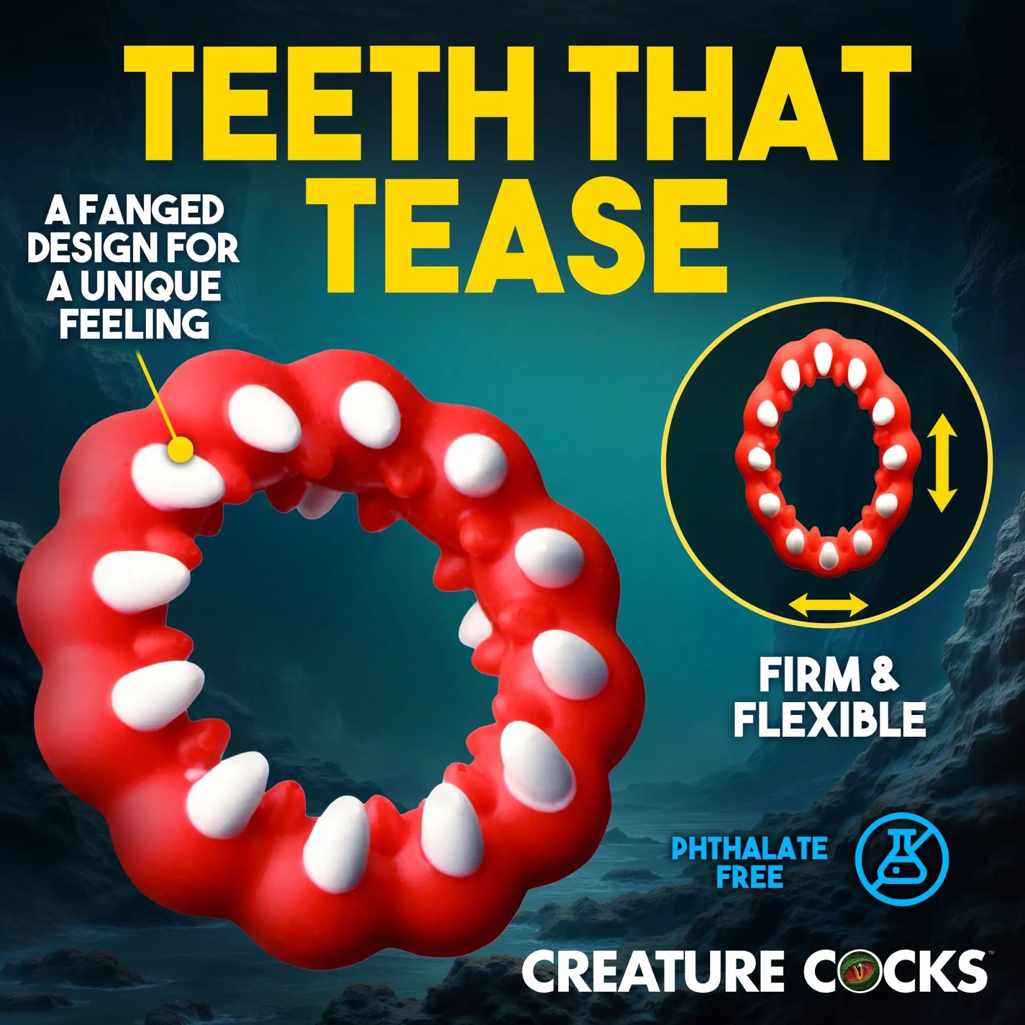 Creature Cocks Fangs red silicone cock ring with white teeth-like texture in a firm, flexible, phthalate-free design.