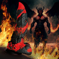 Creature Cocks Fire Demon dildo: black and red textured silicone in front of a flaming demon background.