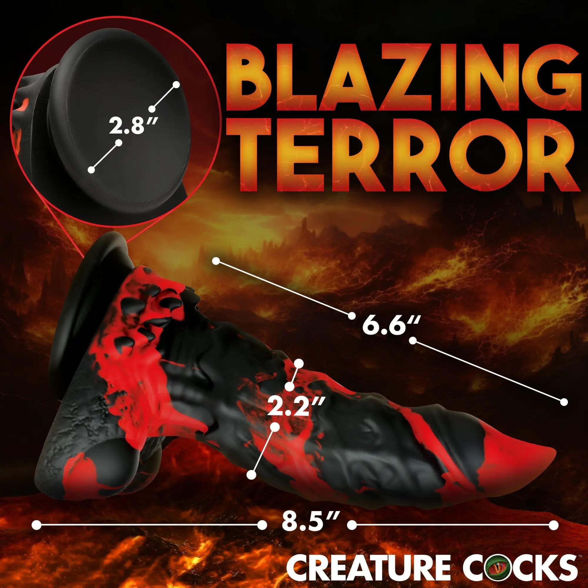Creature Cocks Fire Demon silicone dildo in black and red, featuring textured monster detail and size specifications.
