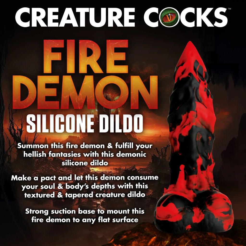 Creature Cocks Fire Demon silicone dildo in black and red swirled textured design with a suction base.