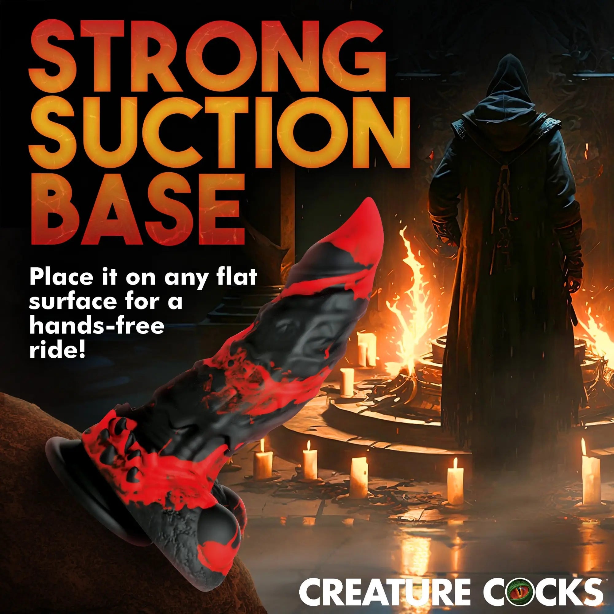 Creature Cocks Fire Demon silicone dildo in black and red, featuring a textured, monster-style design with suction base.