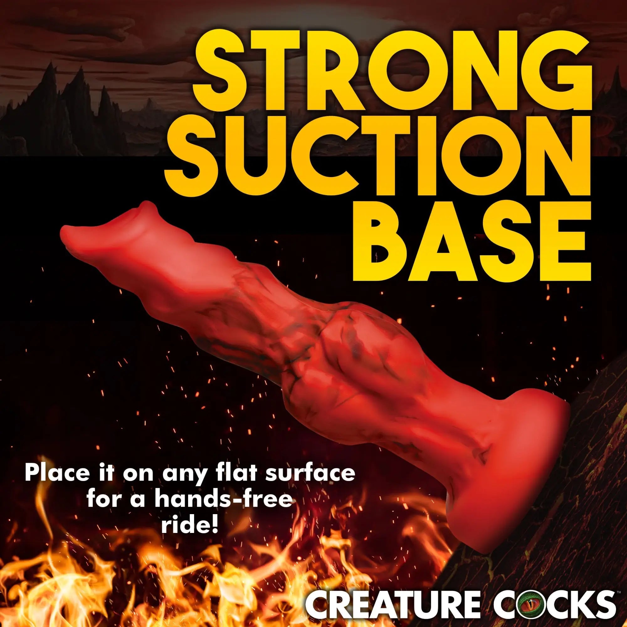 Creature Cocks Fire Hound silicone dildo in bright red with a textured fantasy design and a strong suction cup base.