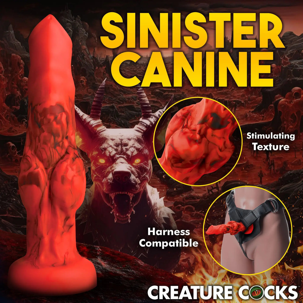 Creature Cocks Fire Hound silicone dildo in marbled red, featuring a canine-inspired texture and harness compatibility.