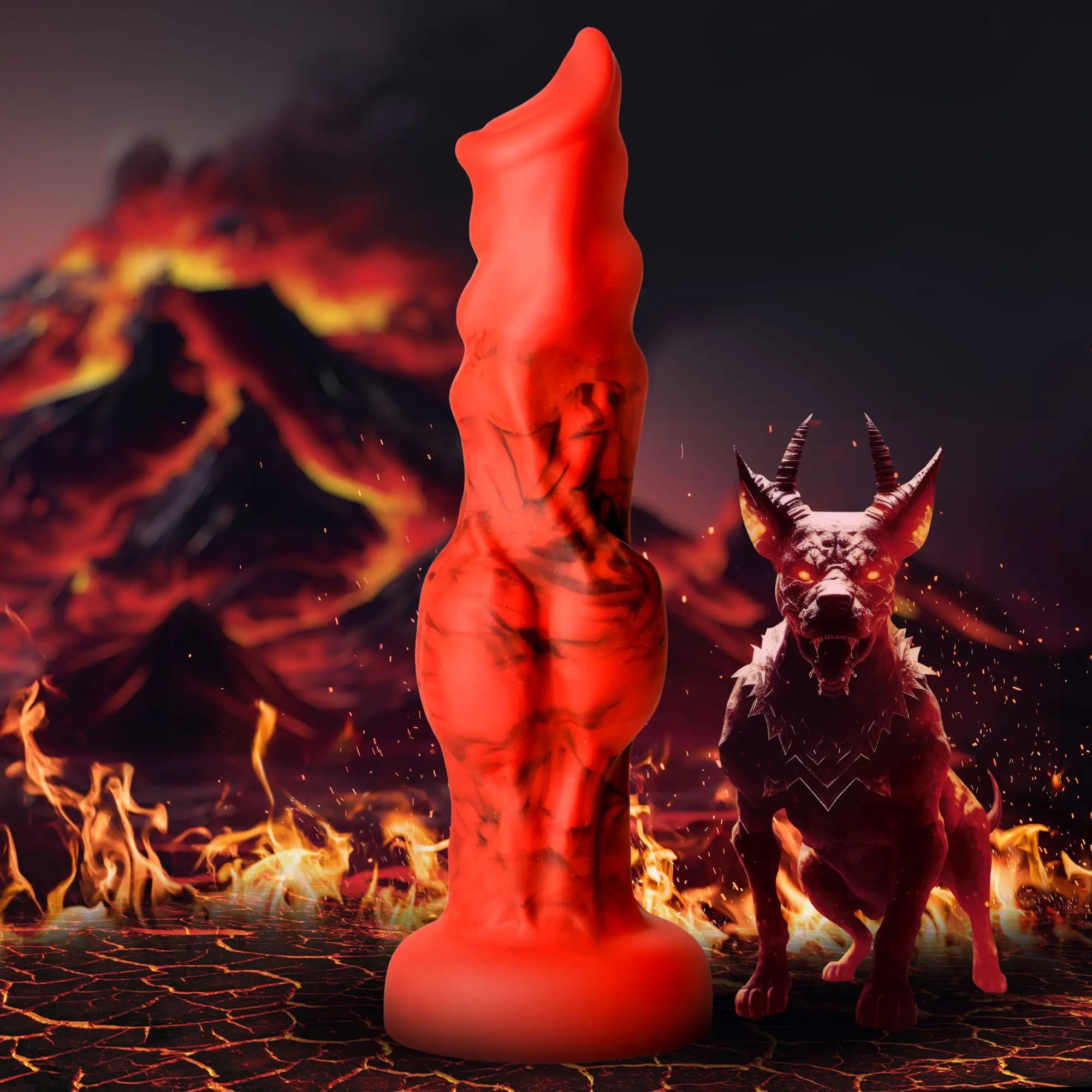 Creature Cocks Fire Hound silicone dildo: a red and black textured fantasy toy next to a hellhound in a volcano scene.