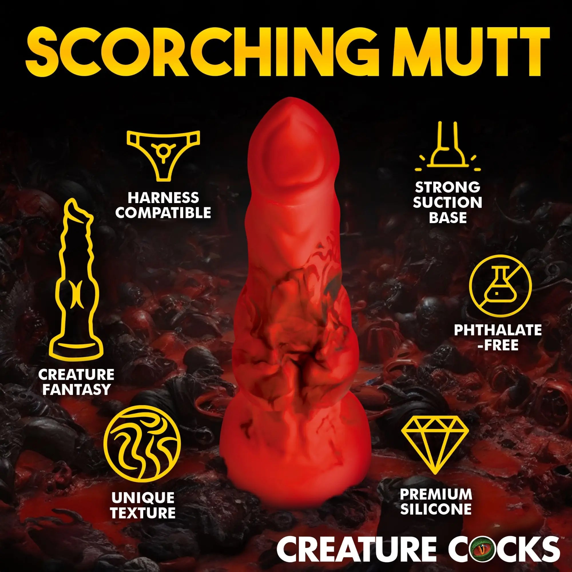 Creature Cocks Fire Hound: A bright red, textured silicone fantasy dildo with a suction base, shown with feature icons.