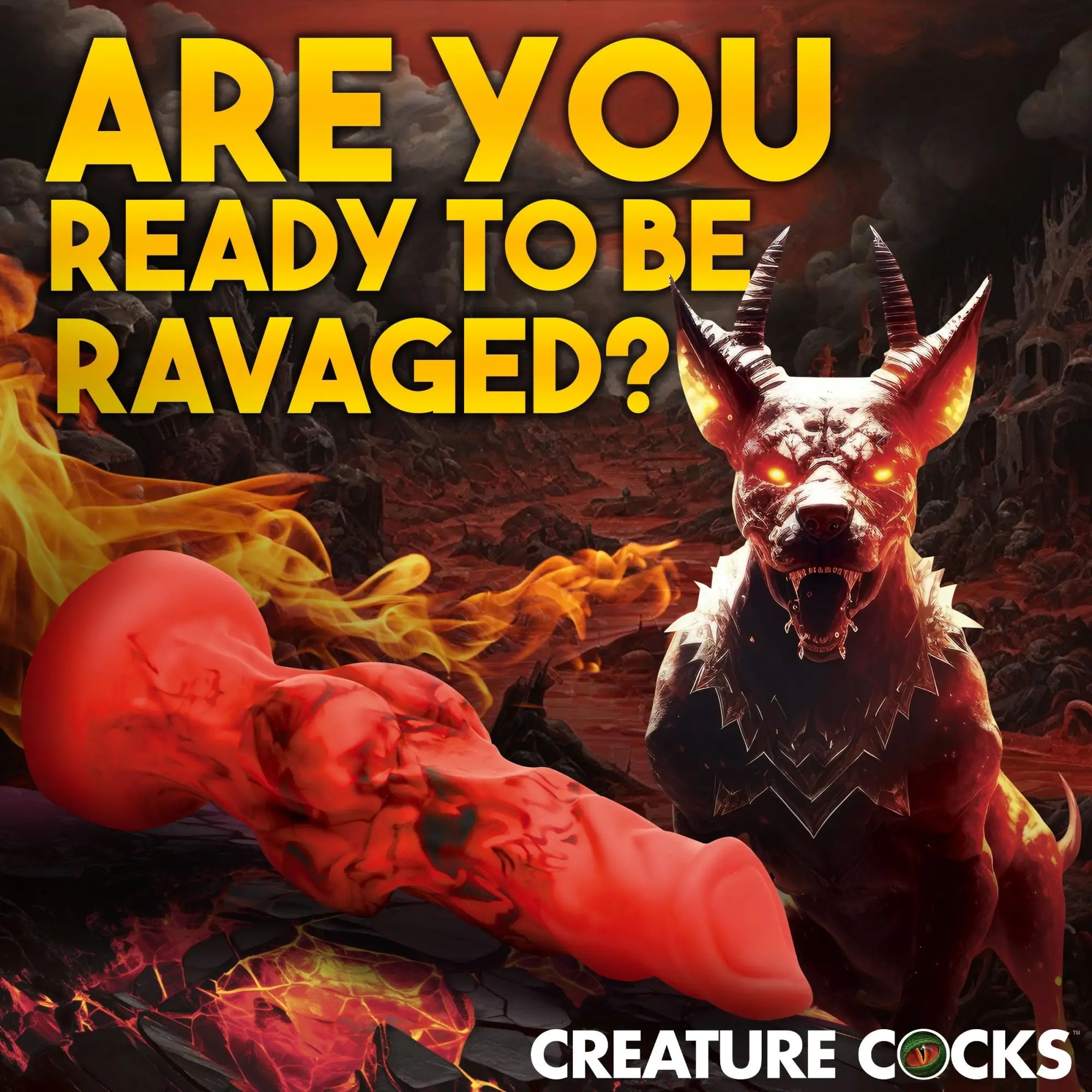 Red Creature Cocks Fire Hound silicone dildo shown against a fiery, hellish landscape with a demonic hound.