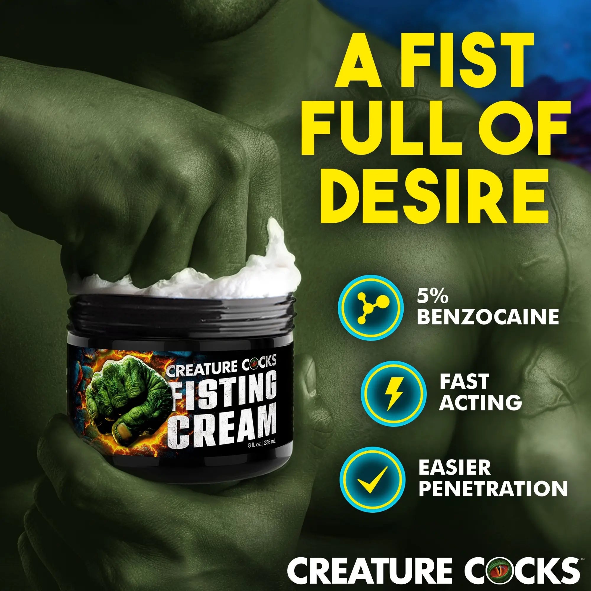 Creature Cocks Fisting Cream jar held by a green, muscular hand, showing white cream and product benefit icons.