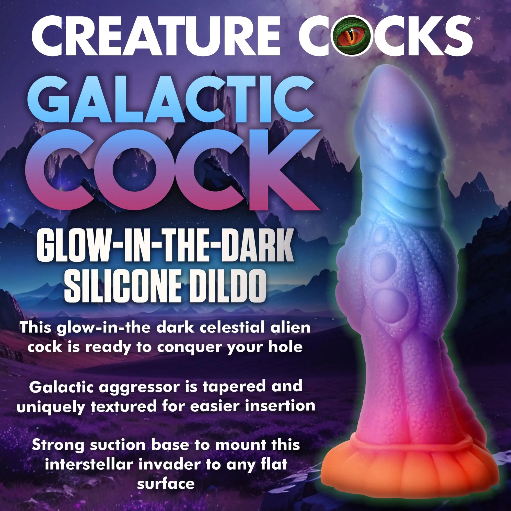 Creature Cocks Galactic Cock: A glow-in-the-dark, textured, multi-colored alien dildo on a suction cup base.