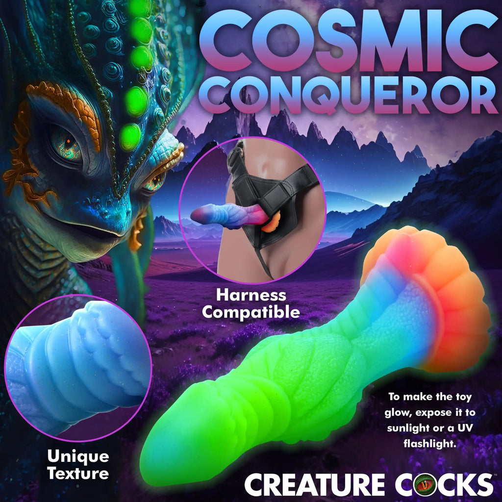 Creature Cocks Galactic Alien glow-in-the-dark silicone dildo with a colorful, textured fantasy design.
