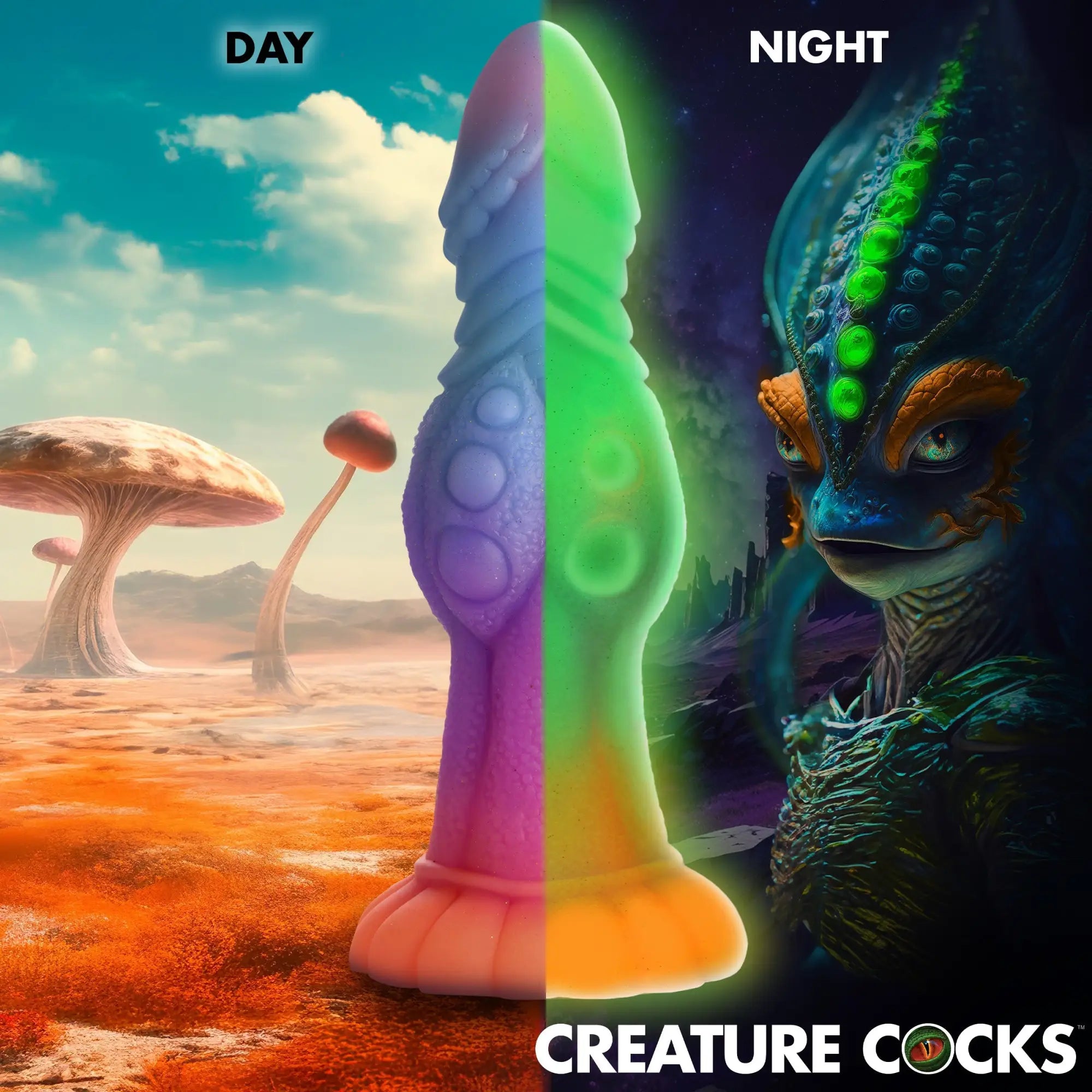 Creature Cocks Galactic silicone dildo shown in daylight (purple) and glowing green at night against alien landscapes.