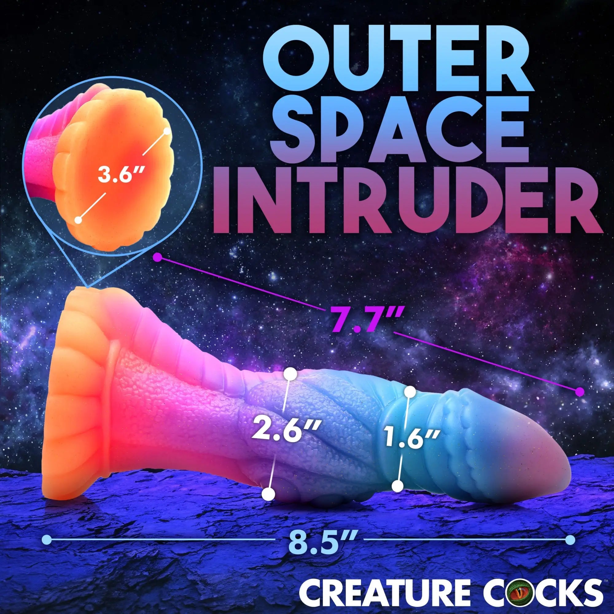 Creature Cocks Galactic Cock silicone dildo in a vibrant pink-to-blue gradient with alien textures and size dimensions.