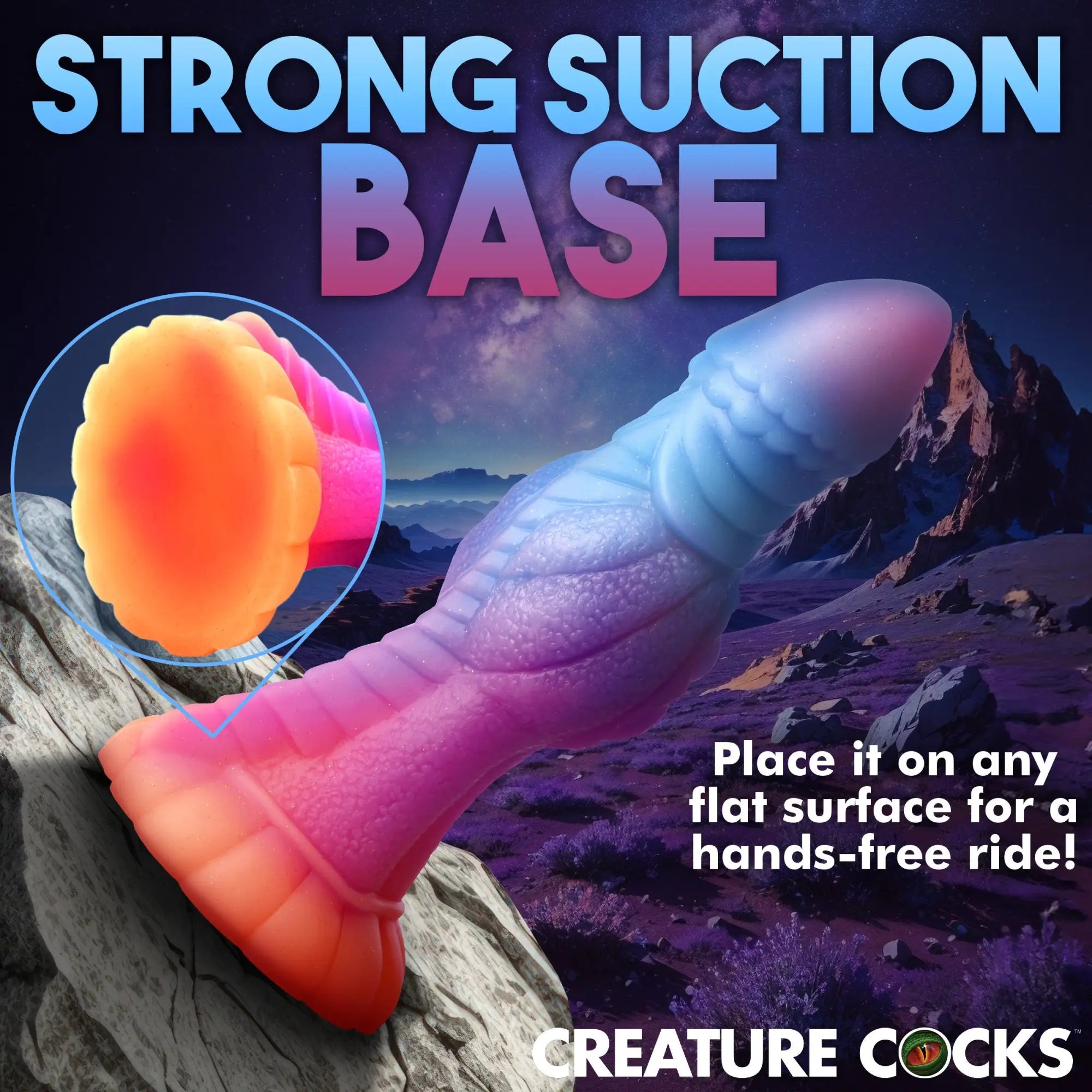 Creature Cocks Galactic Alien glow-in-the-dark silicone dildo with a blue-to-pink gradient and suction cup base.