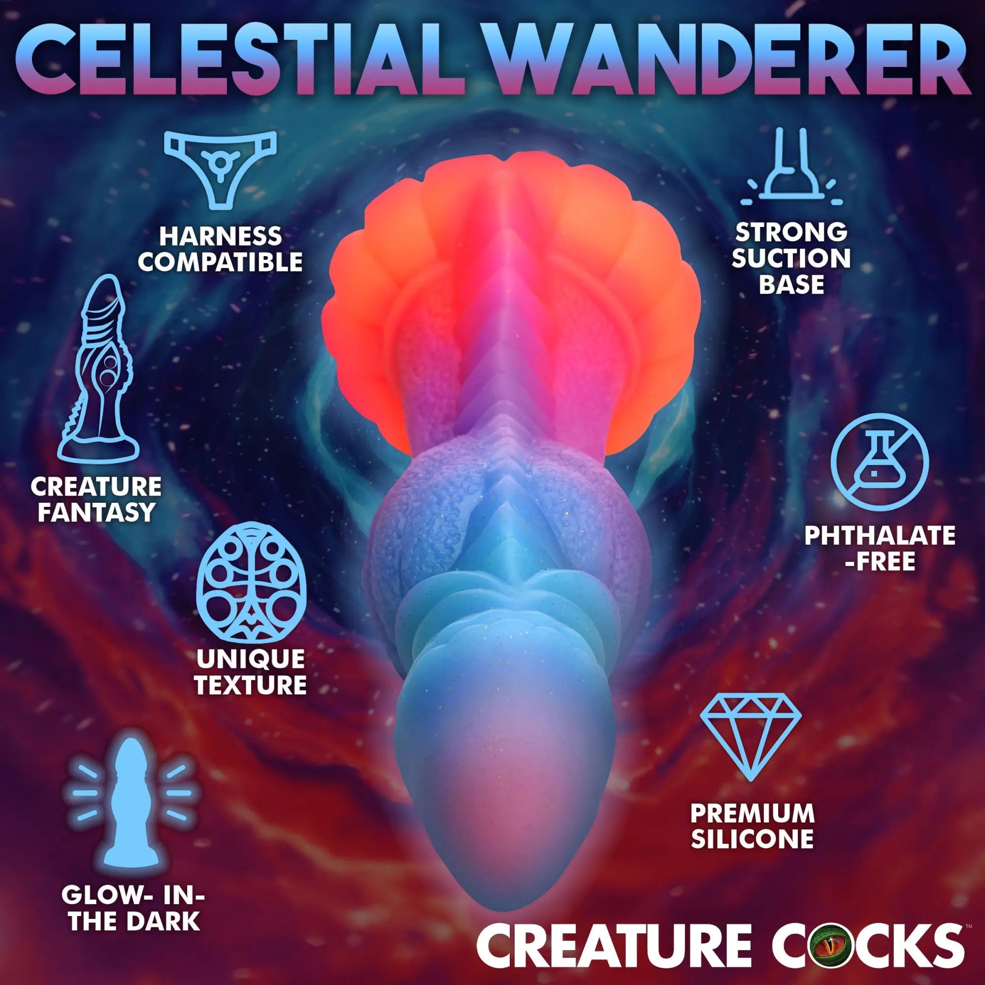 Creature Cocks Galactic Cock silicone dildo in blue and orange, featuring alien textures and glow-in-the-dark properties.