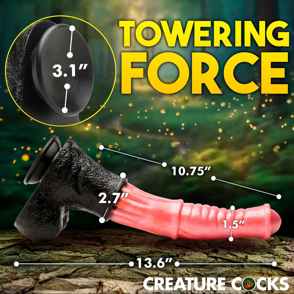 Creature Cocks Giant Centaur XL dildo with black textured base and pink phallic shaft, featuring detailed measurements.