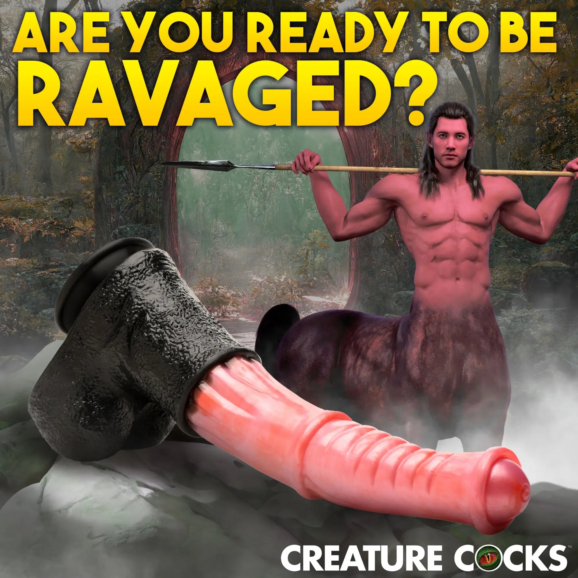 Creature Cocks Giant Centaur XL silicone dildo in black and pink, shown in a fantasy forest setting with a centaur.