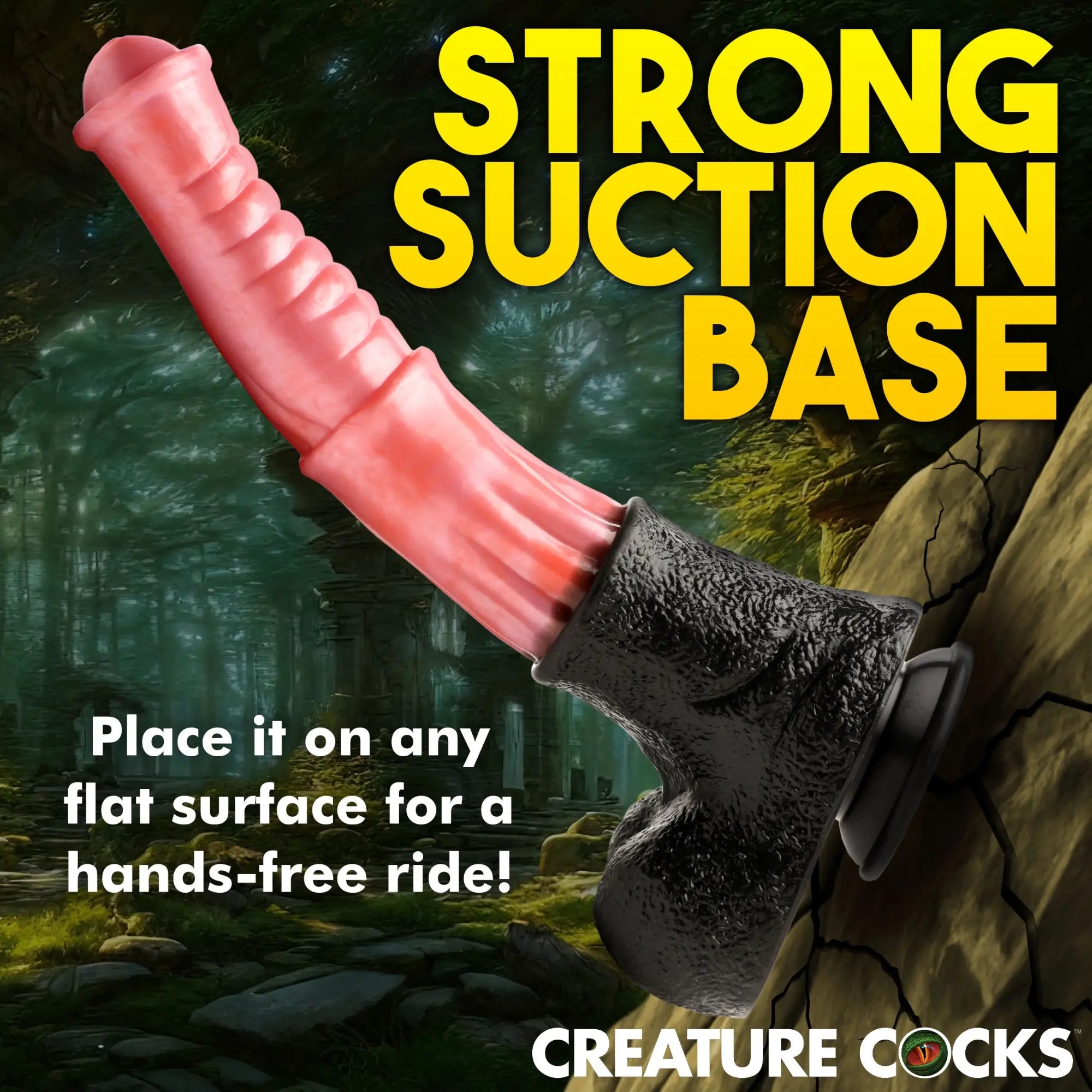 Creature Cocks Giant Centaur XL silicone dildo: pink, textured shaft with a black, rugged base and suction cup.