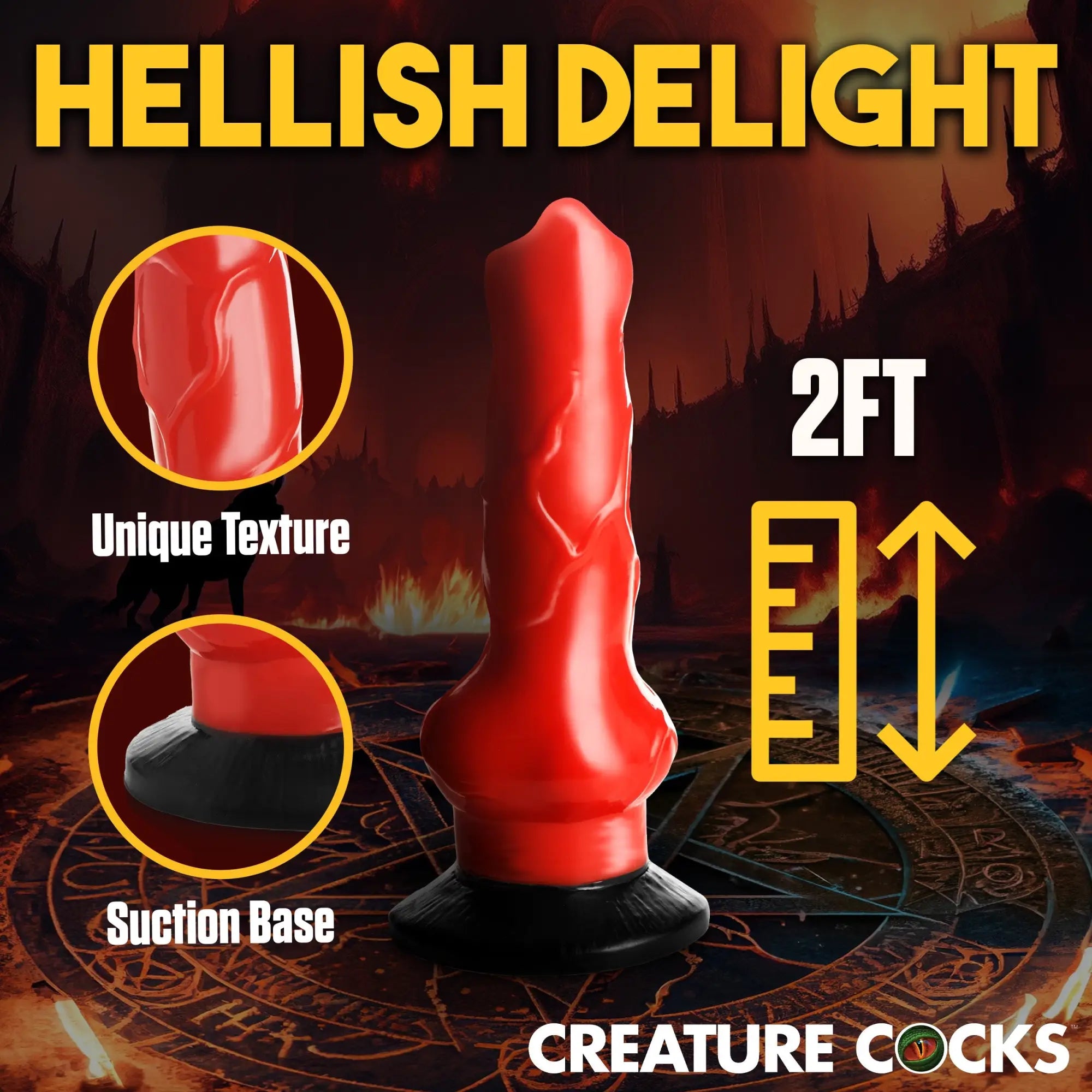 Creature Cocks 2ft red Hell-Hound dildo with textured surface and black suction base against a hellish backdrop.