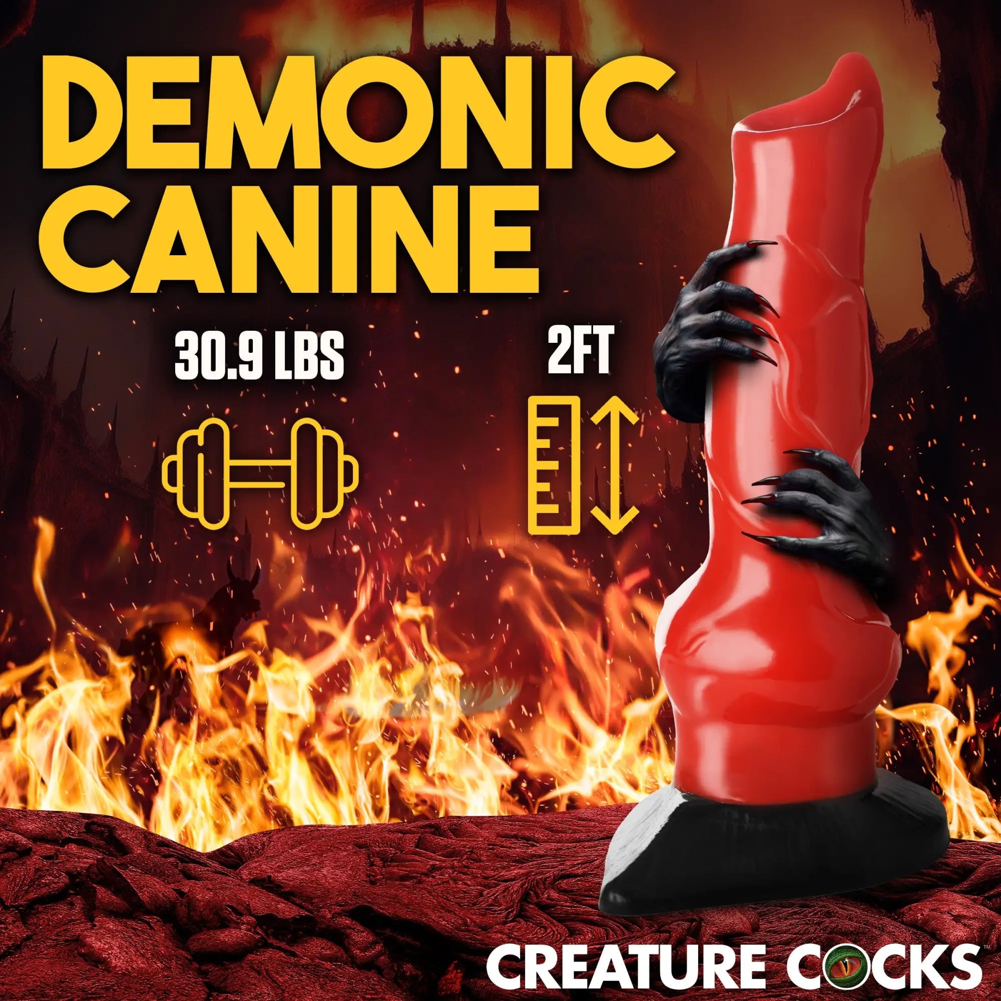Creature Cocks 2ft red Hell-Hound dildo on lava background, held by black demonic claws, with weight and size stats.