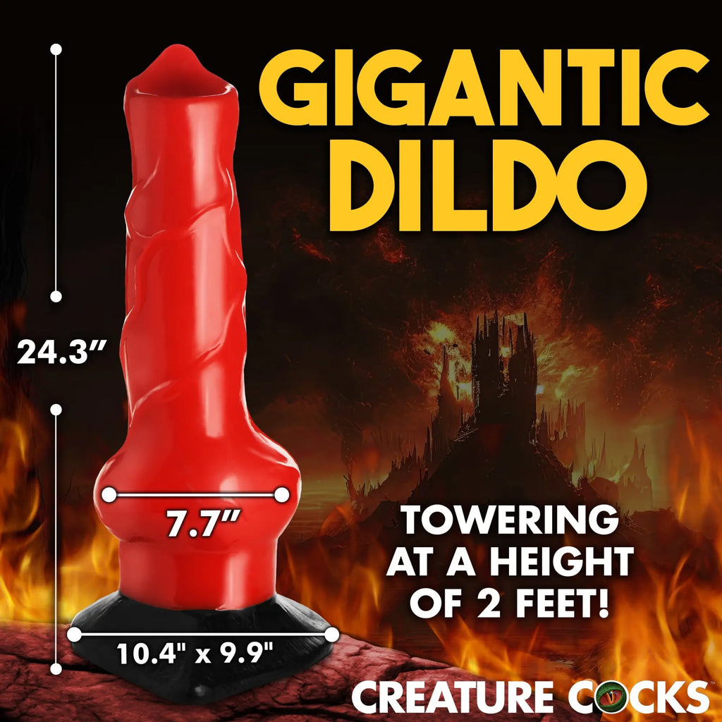 Creature Cocks giant red, textured Hell-Hound canine dildo on a black base, set against a fiery, hellish landscape.