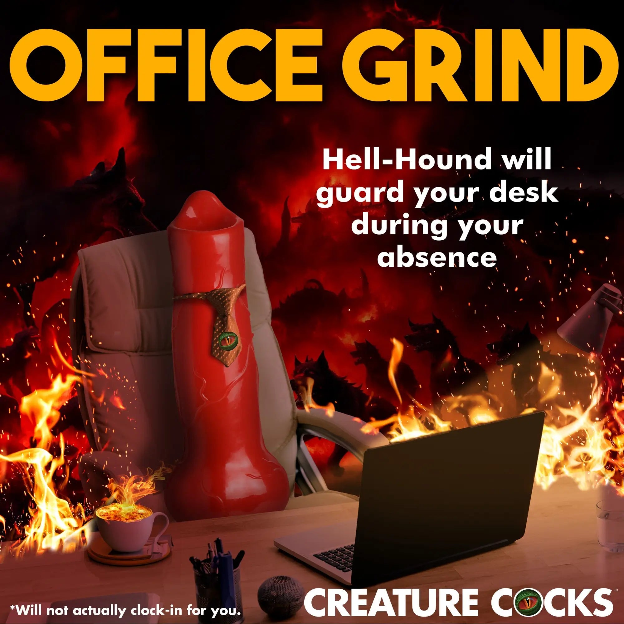 A red, 2ft Creature Cocks Hell-Hound dildo wearing a tie, sitting in an office chair at a fiery, laptop-laden desk.