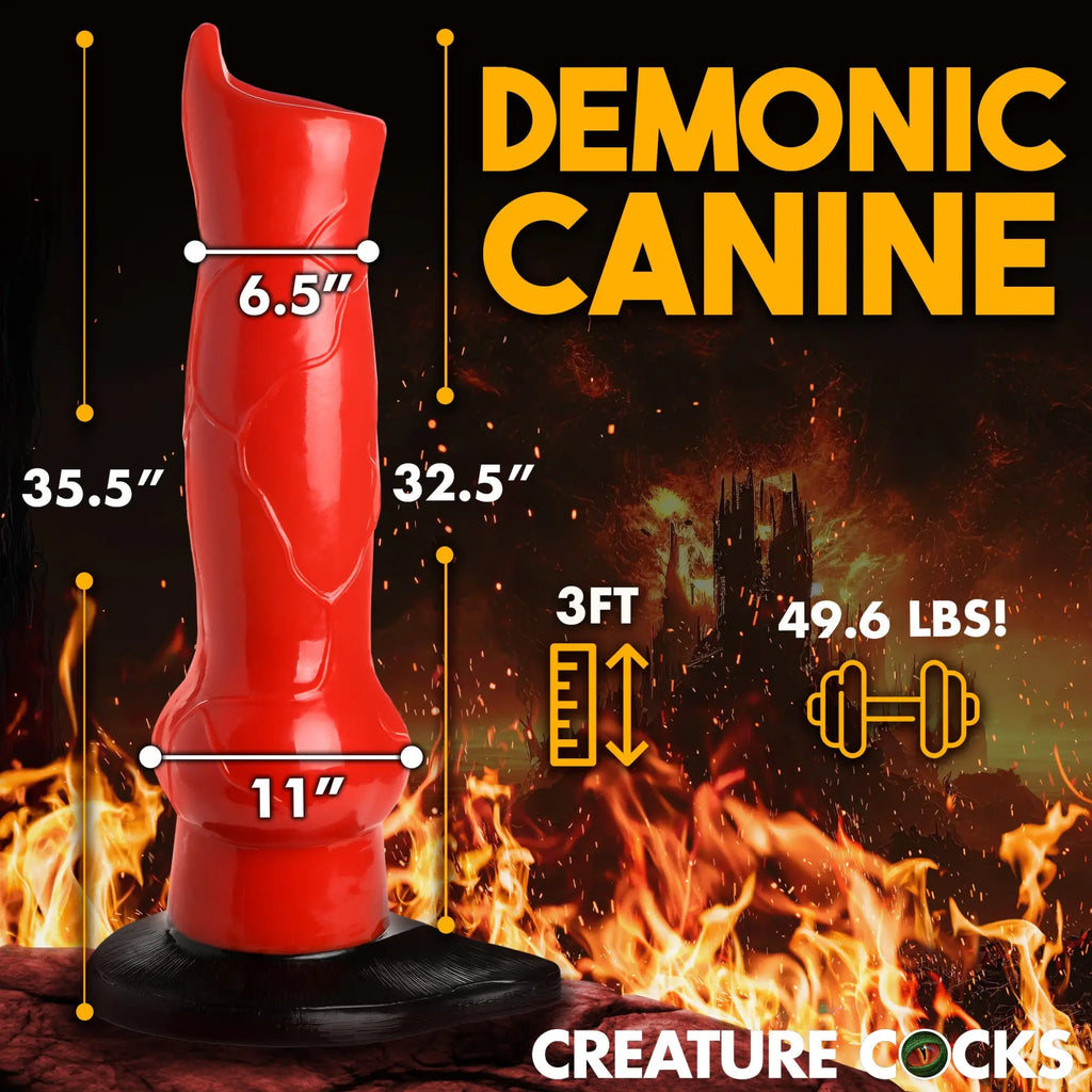 Creature Cocks Hell-Hound dildo: a giant red, textured 3ft canine-style toy on a base, with dimensions shown in text.