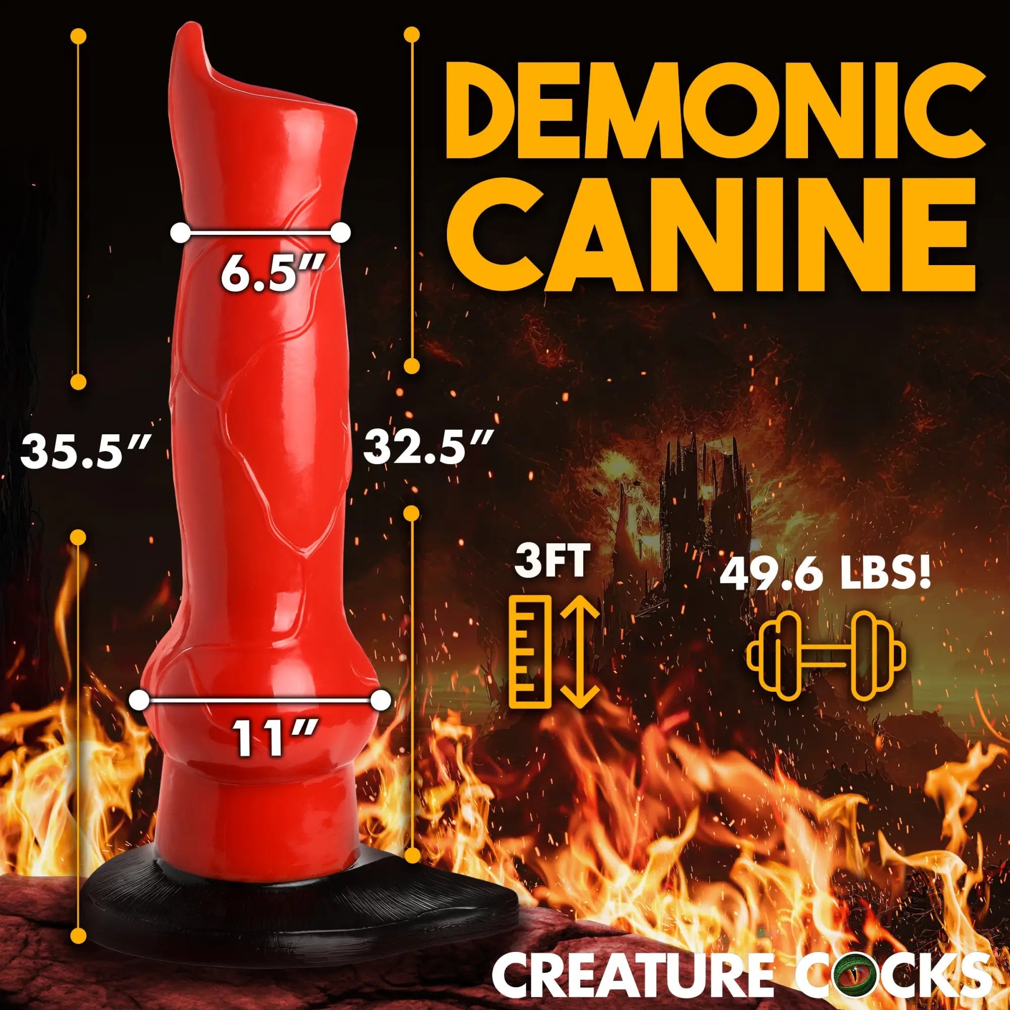 Creature Cocks Hell-Hound dildo: a giant red, textured 3ft canine-style toy on a base, with dimensions shown in text.