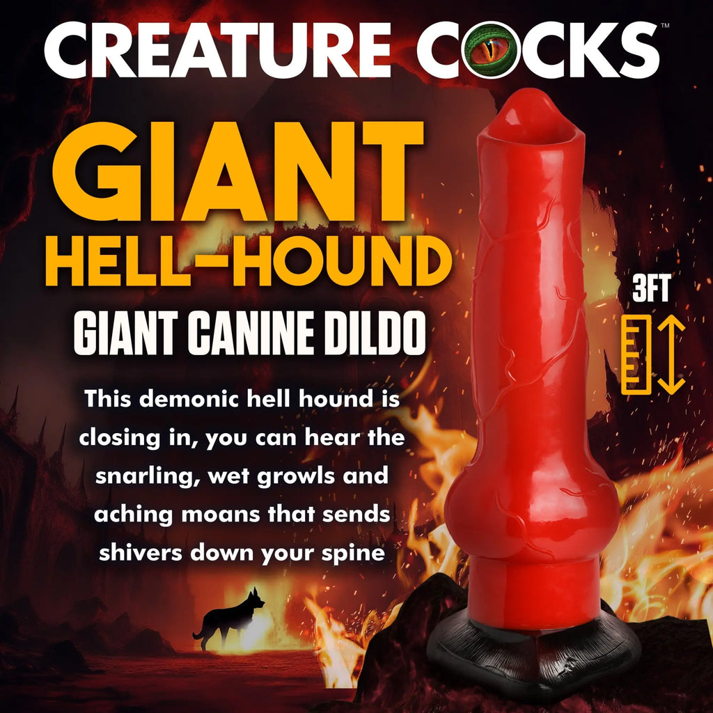 Creature Cocks 3ft red canine-style dildo with textured vein detailing on a black base against a fiery background.