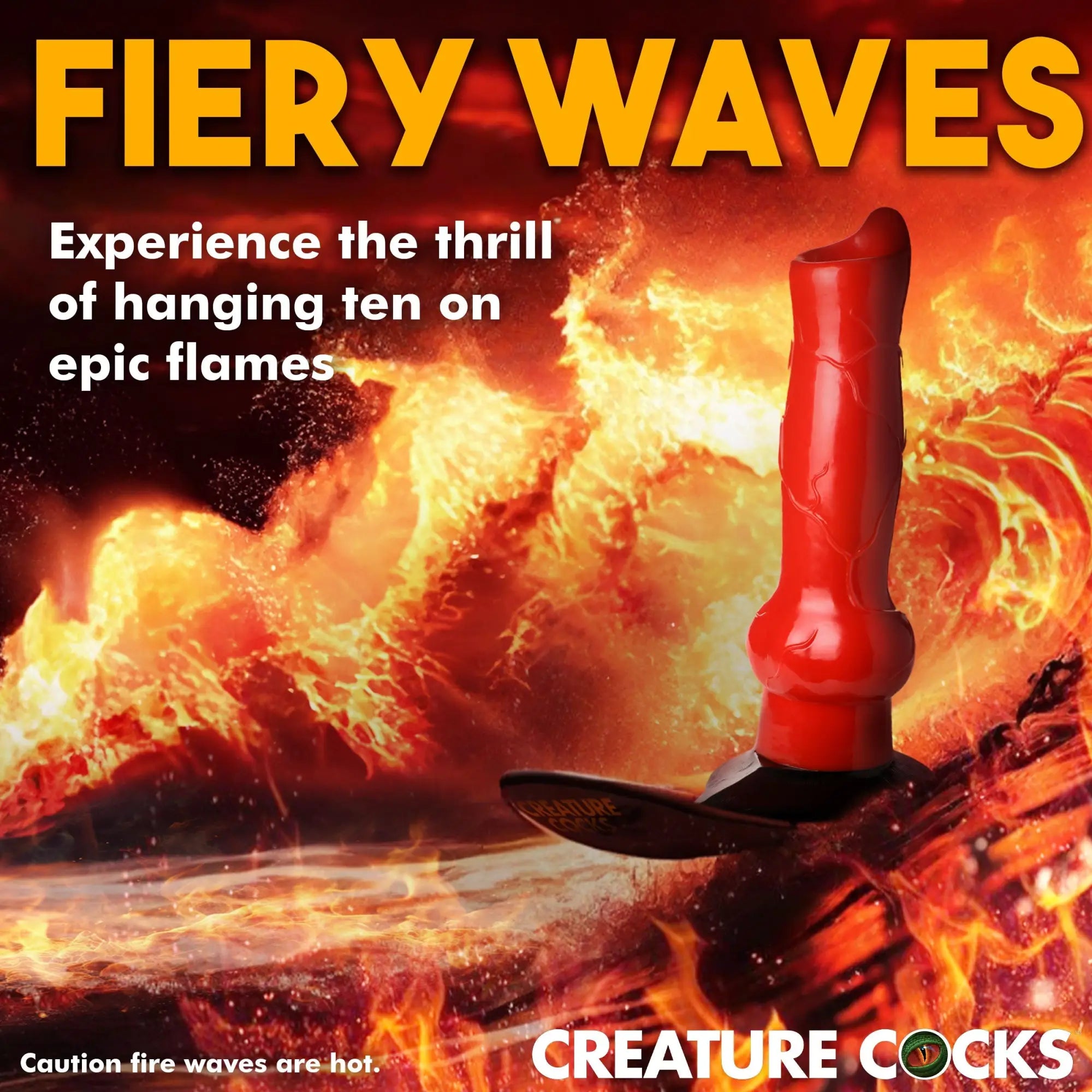 Creature Cocks Hell-Hound dildo: A 3ft red, canine-style toy with a flared base, set against a fiery, flaming background.