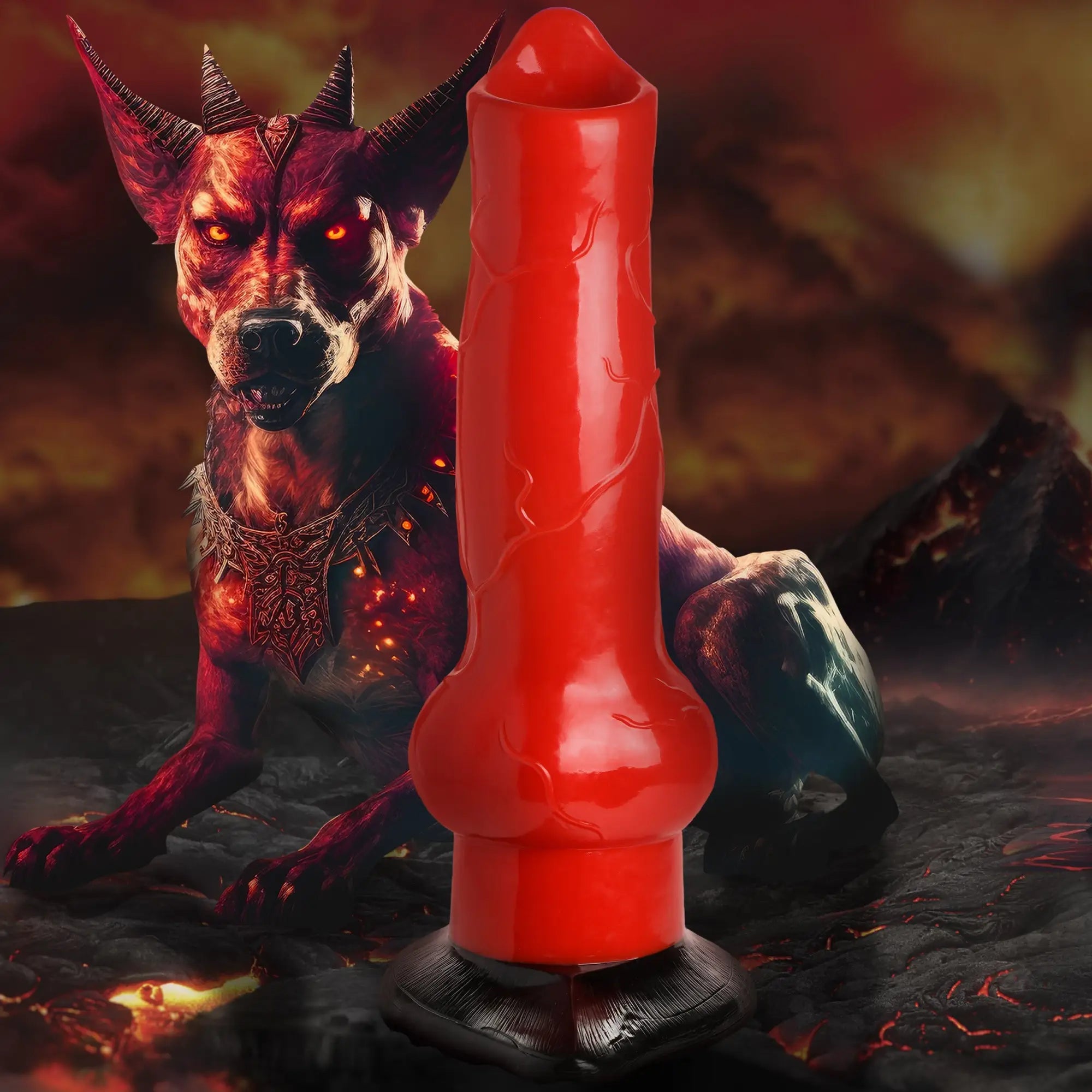 Creature Cocks Giant Hell-Hound 3ft dildo: a large, bright red canine-style toy with a base, set against a hellscape.