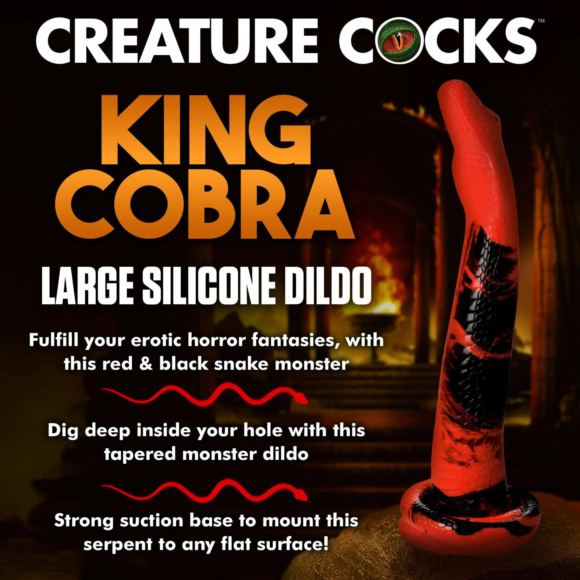 Creature Cocks Giant King Cobra silicone dildo: a textured, red and black snake-themed toy with a suction cup base.