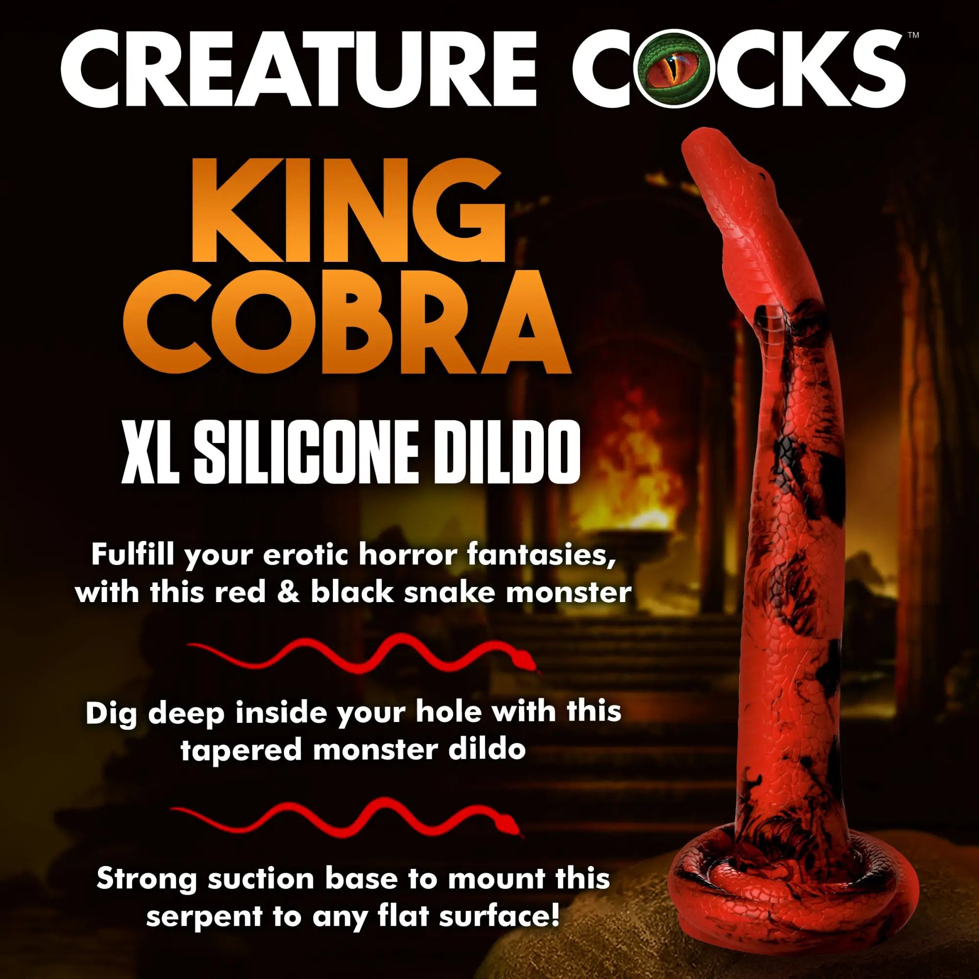Creature Cocks Giant King Cobra: A red and black textured silicone dildo shaped like a snake on a suction base.