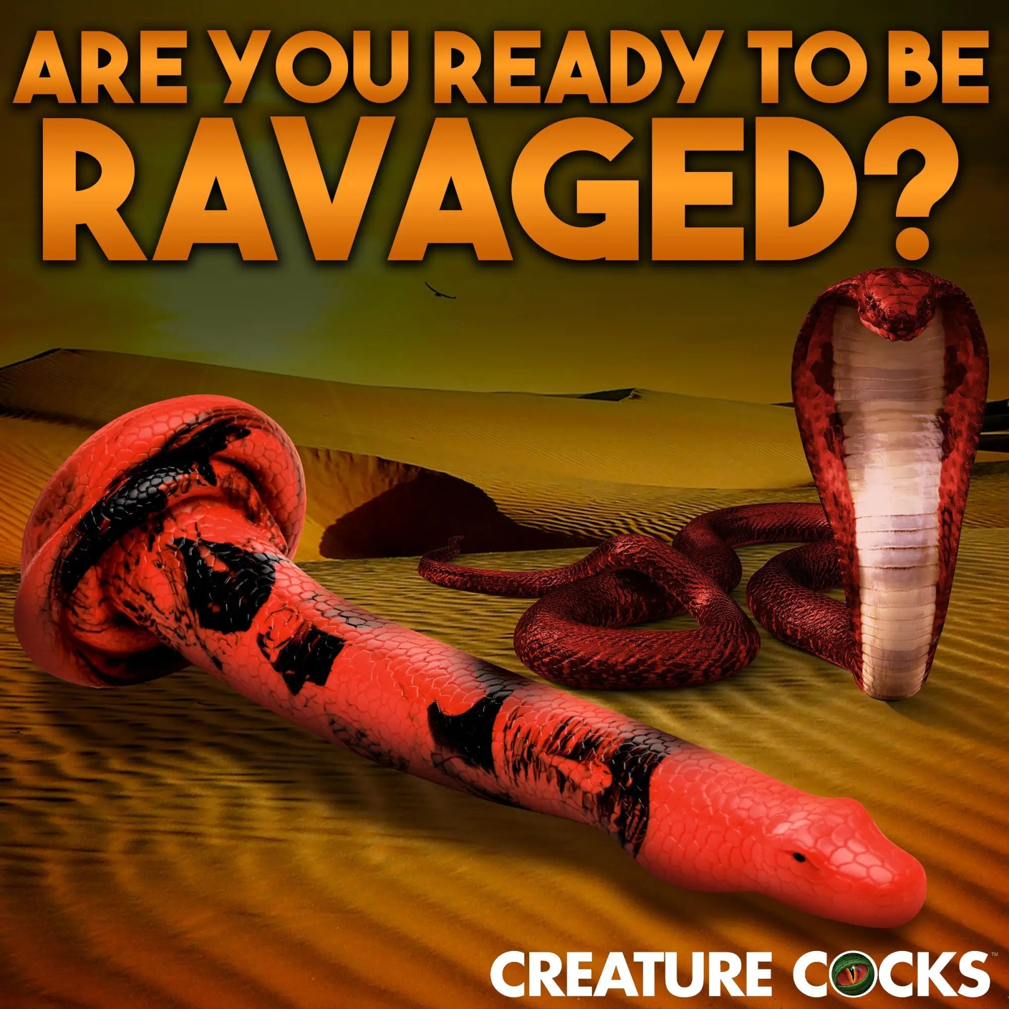 Creature Cocks Giant King Cobra silicone dildo in red and black, displayed in a desert scene with a matching snake.