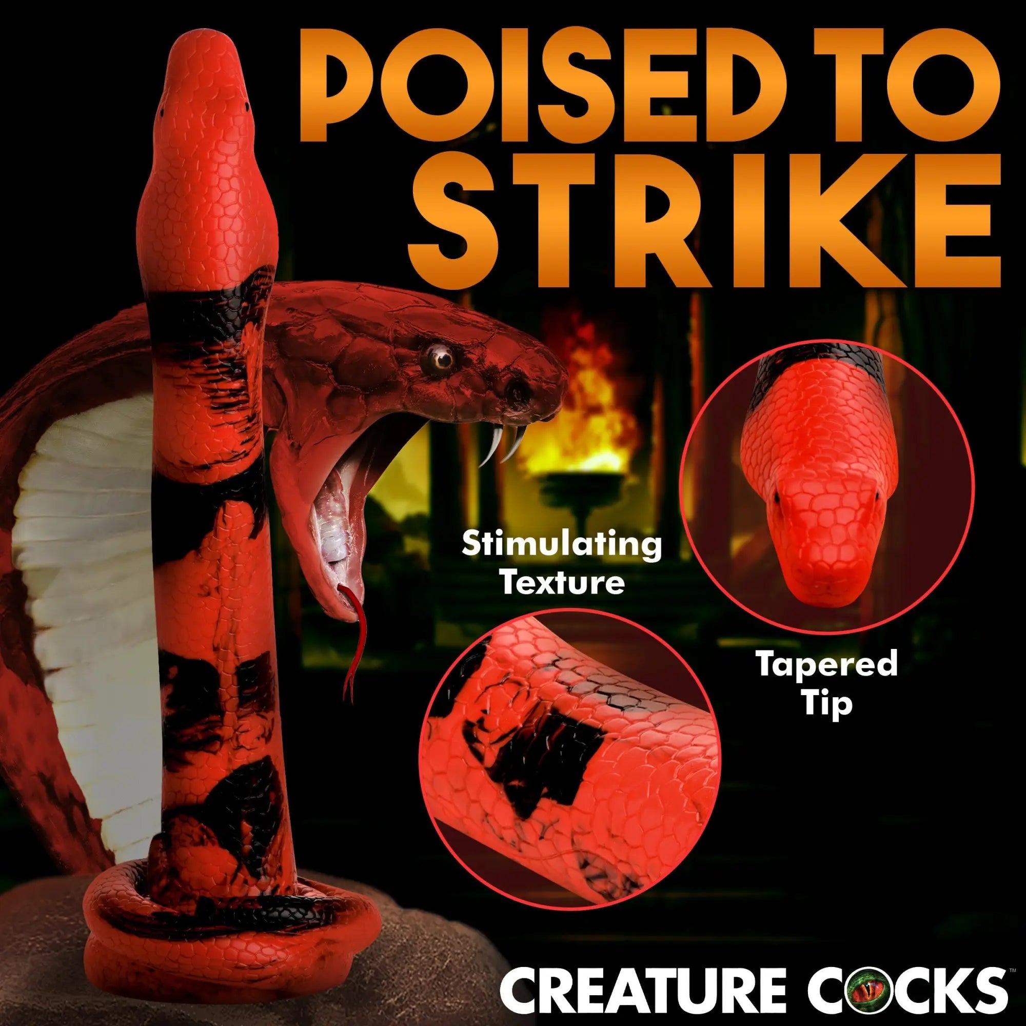 Creature Cocks Giant King Cobra silicone dildo in red and black with snake-scale texture, shown with inset close-ups.