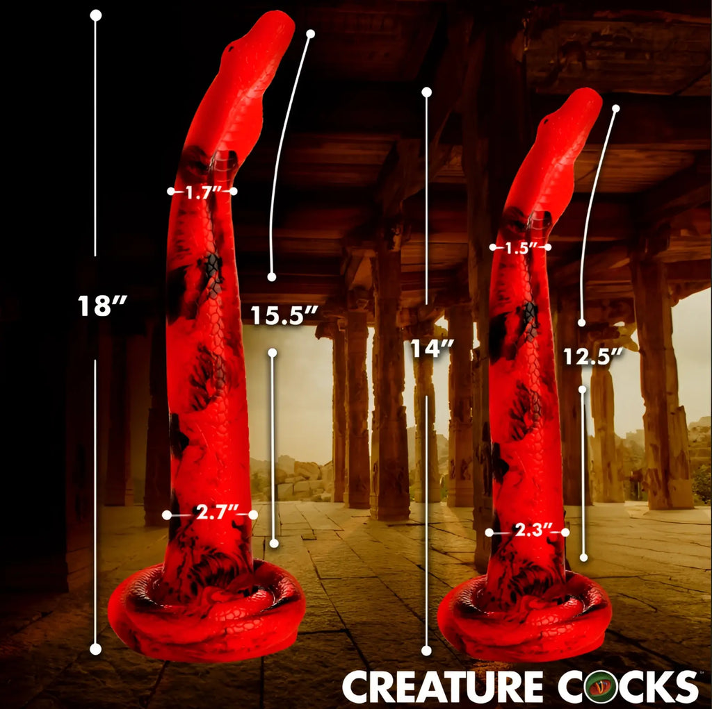 Two red and black silicone Creature Cocks King Cobra dildos shown in different sizes with measurement labels.