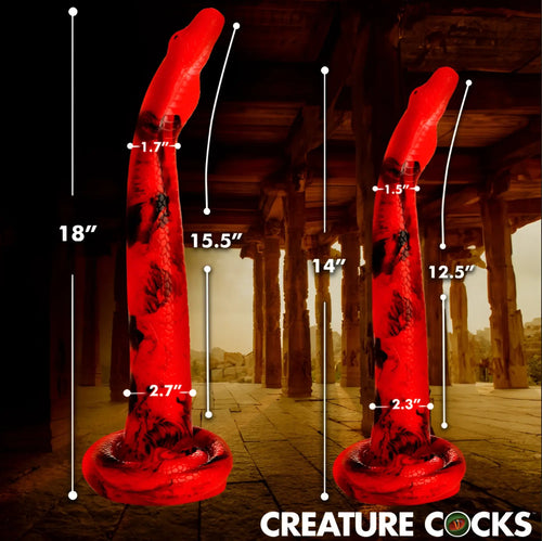 Two red and black silicone Creature Cocks King Cobra dildos shown in different sizes with measurement labels.