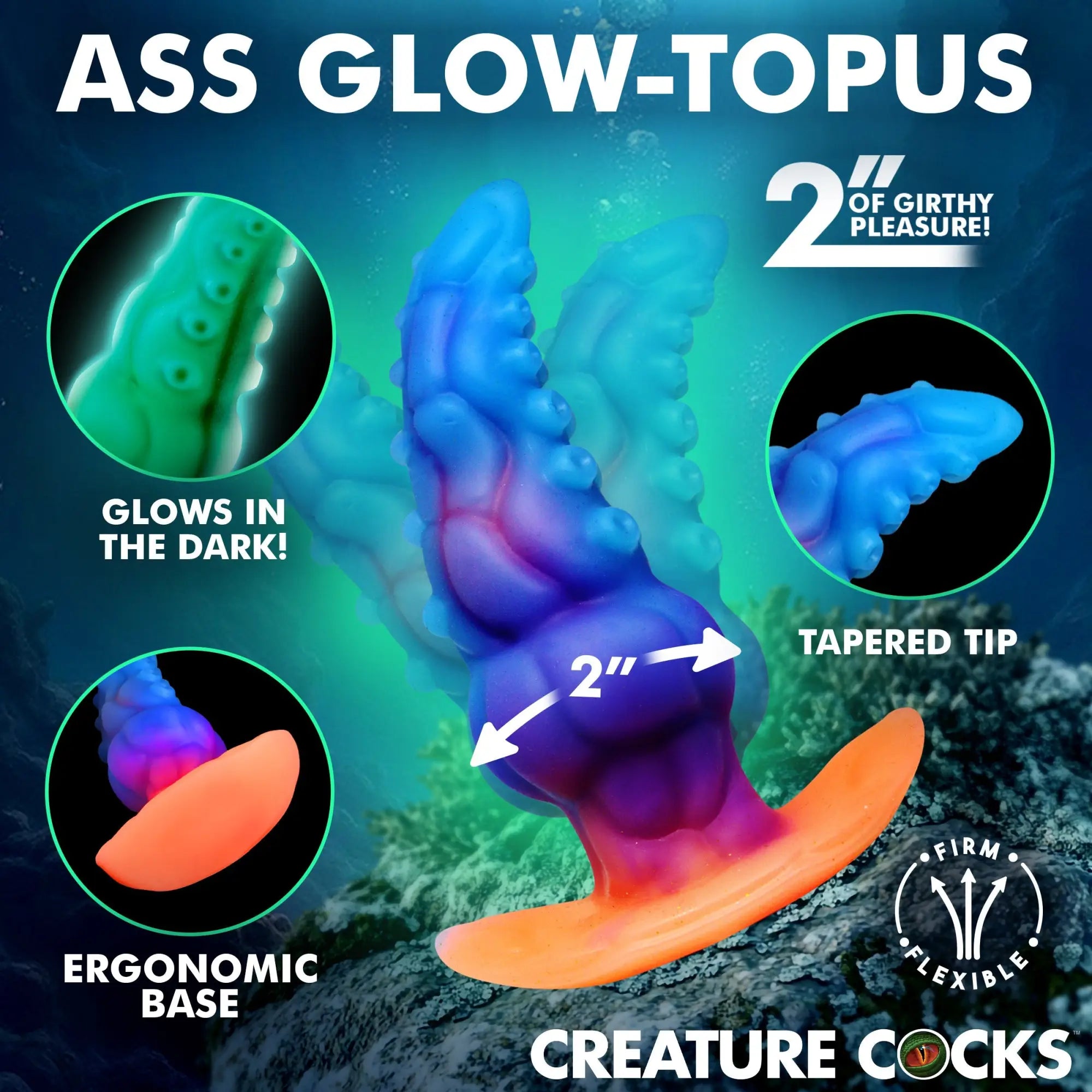 Creature Cocks Glowtopus: A purple and blue, octopus-tentacle shaped, glow-in-the-dark silicone anal plug.