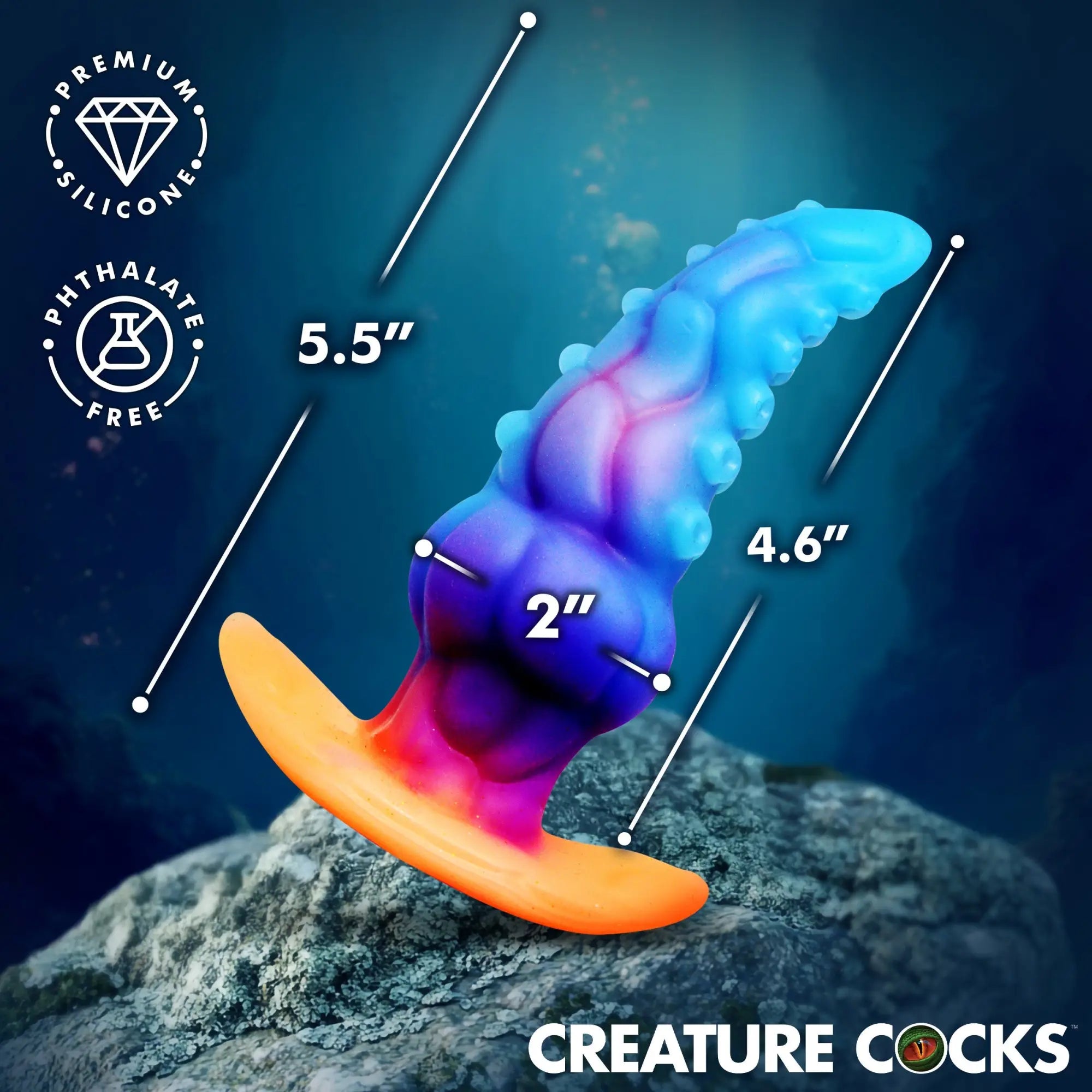 Creature Cocks Glowtopus: A blue, purple, and orange ombre silicone tentacle-style anal plug with measurement labels.