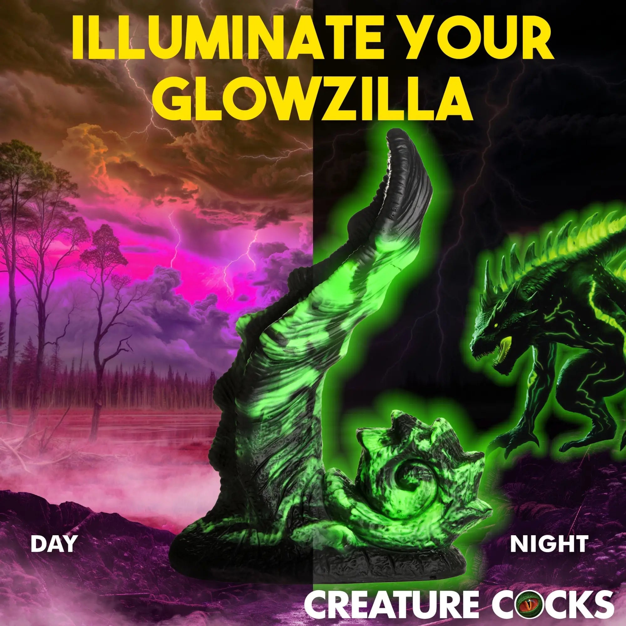 Creature Cocks Glowzilla dildo in a monster style, showing a black silicone shape that glows bright green in the dark.