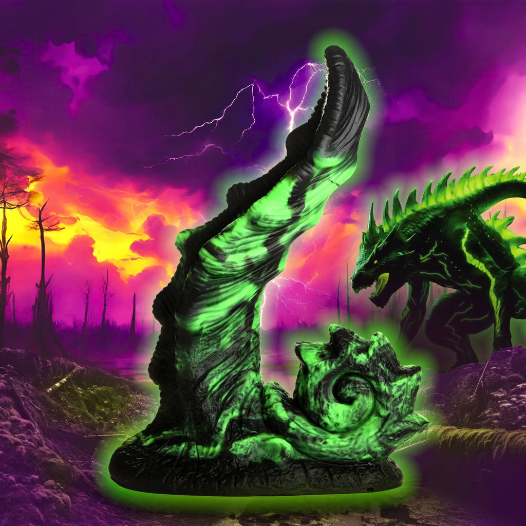 Creature Cocks Glowzilla glow-in-the-dark silicone dildo with textured, monster-inspired details against a stormy sky.