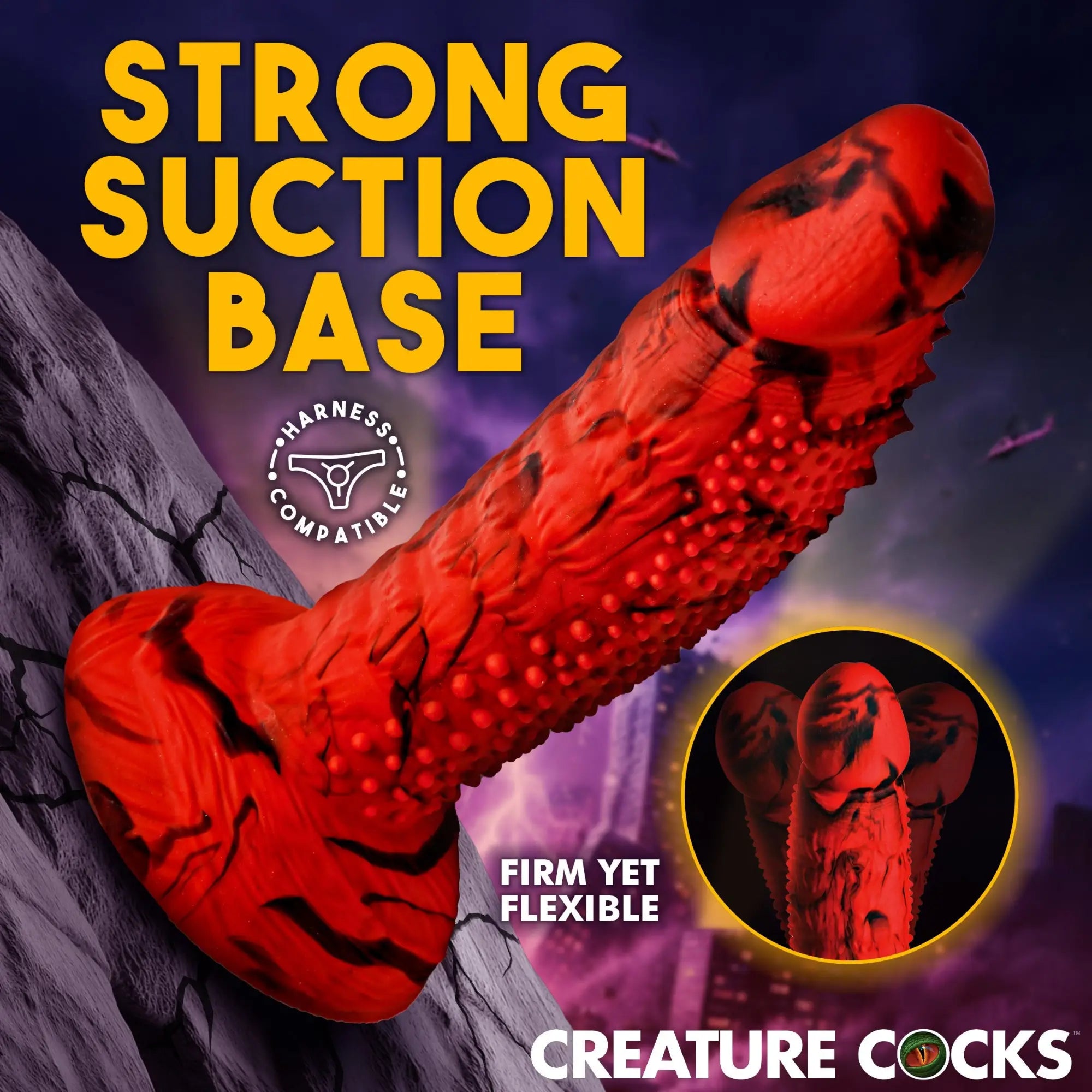 Creature Cocks Gojira red and black marbled silicone dildo with a textured, fantasy-style shaft and suction base.