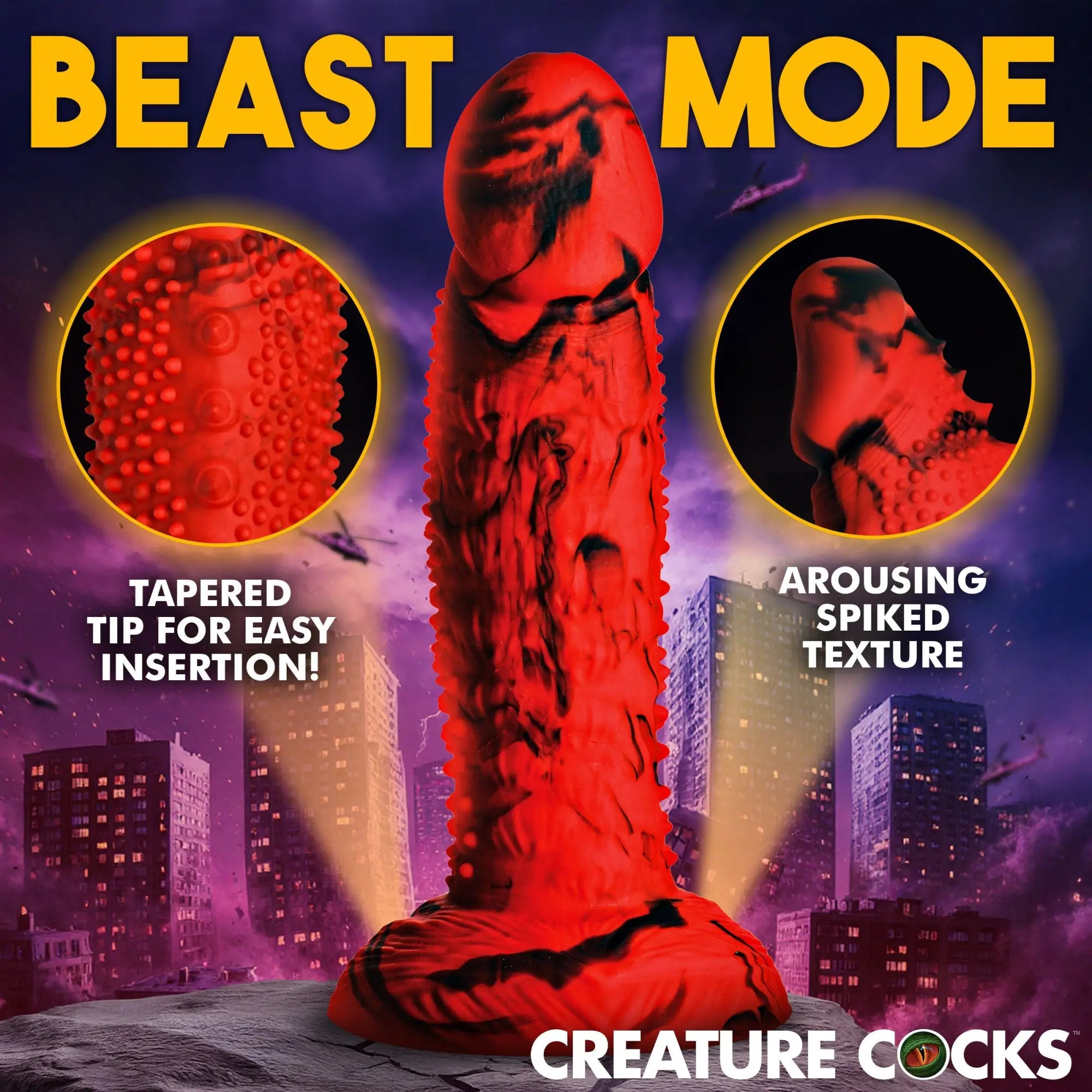 Creature Cocks Gojira red and black silicone dildo with spiked texture and tapered tip, shown against a city background.